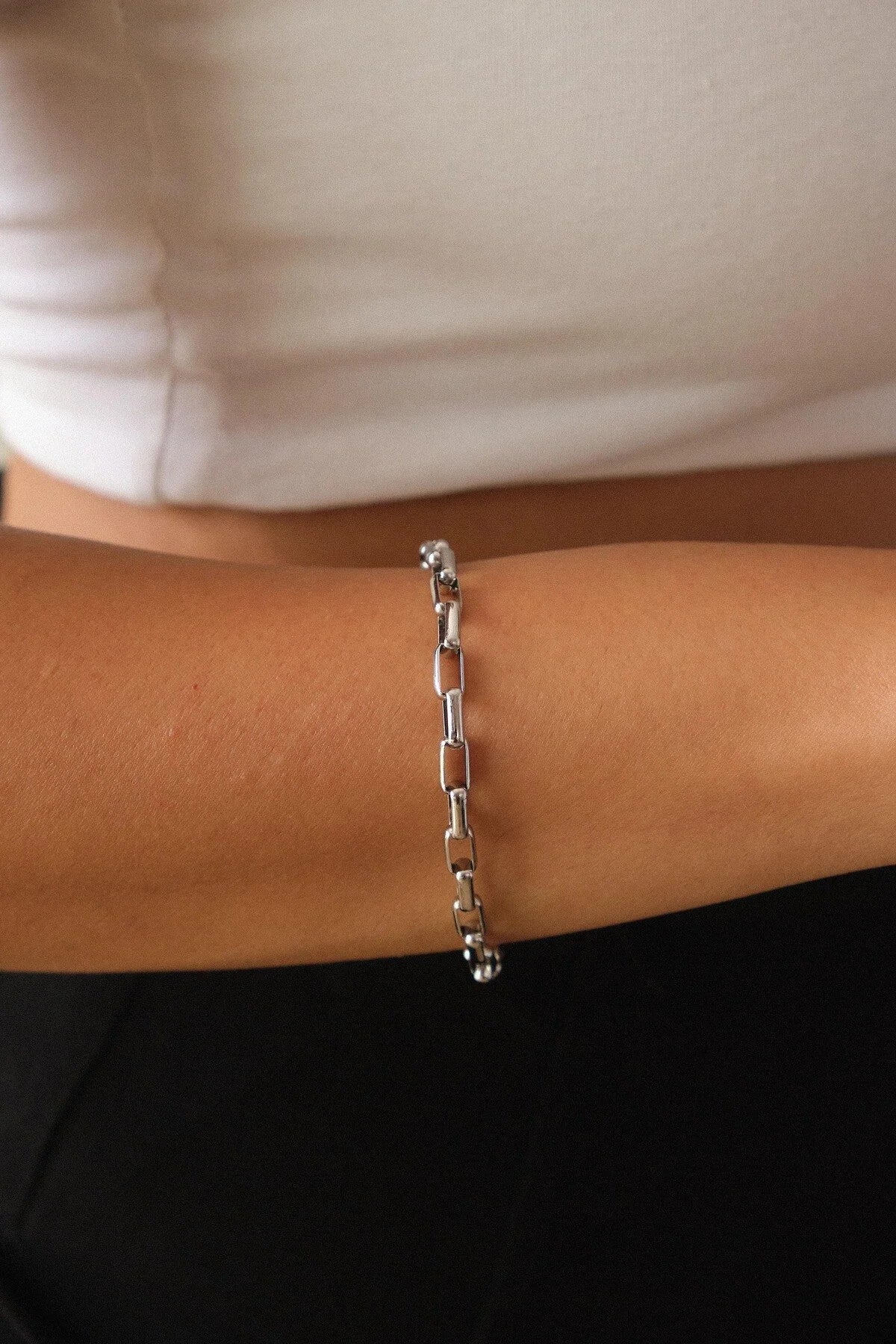 Çelik İnce Dikdörtgen Zincir Bileklik Kararmaz 4mm 17cm+4cm&21cm Günlük Kullanıma Uygun