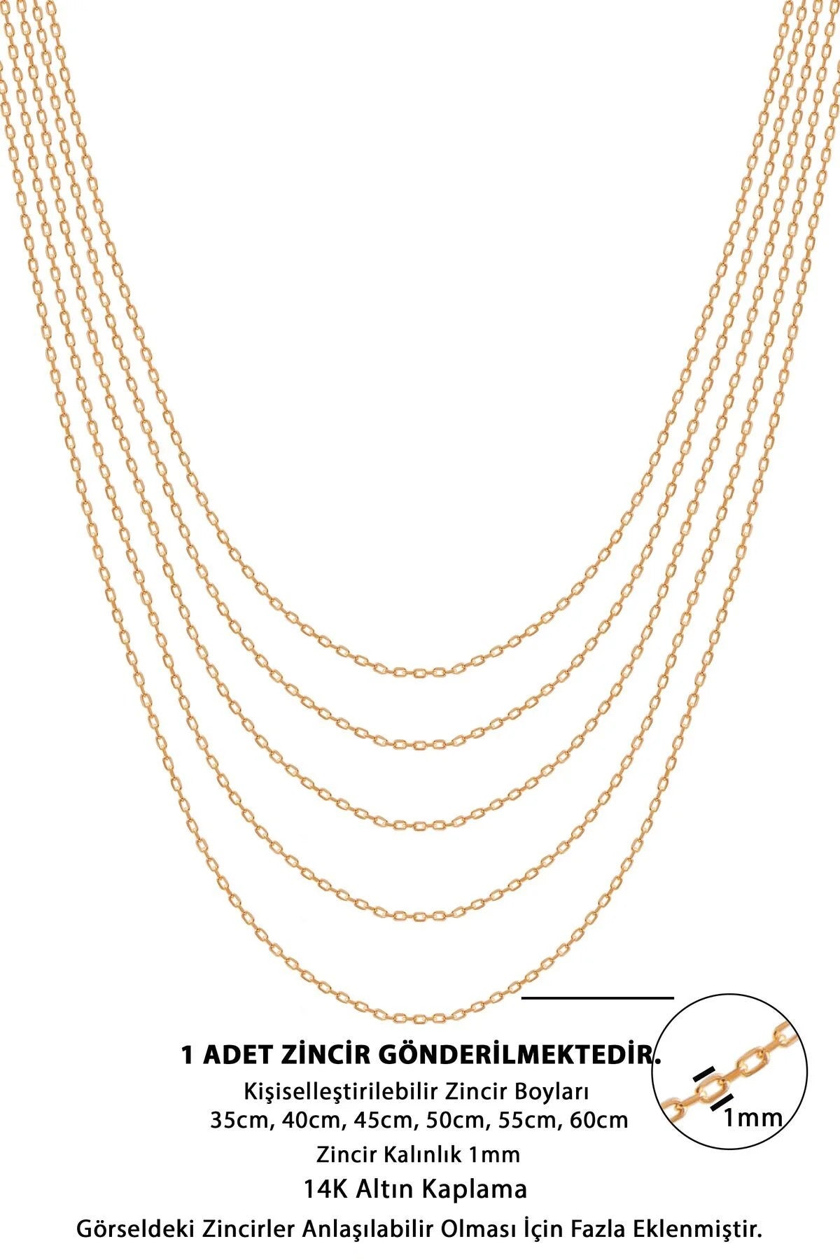 Çelik Forse Klasik Zincir Kolye Kararmaz 1mm Kişiselleştirilebilir Ölçüler Altın, Gümüş, Rose