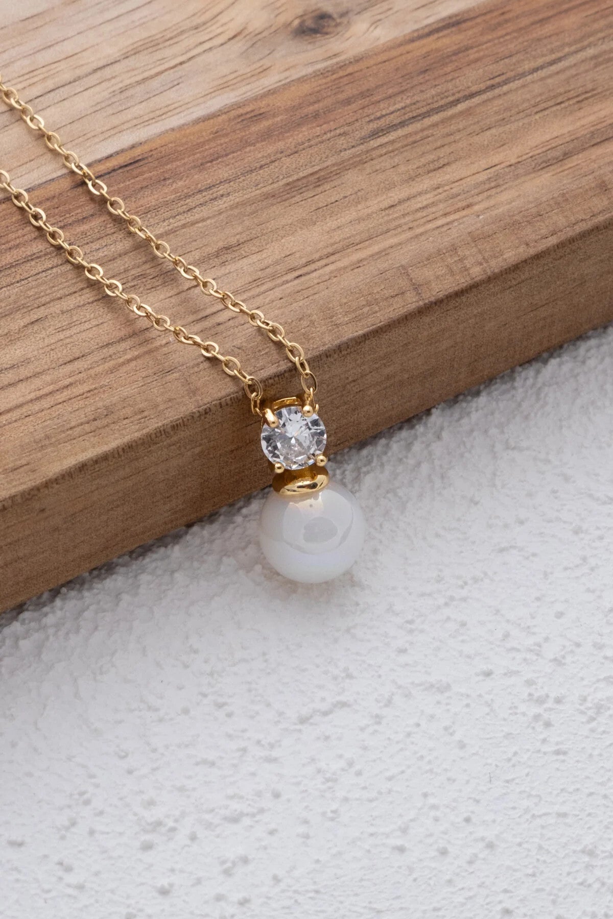 Çelik İncili ve Taşlı Kolye Kararmaz İnci Kolye Zirkon Taşlı