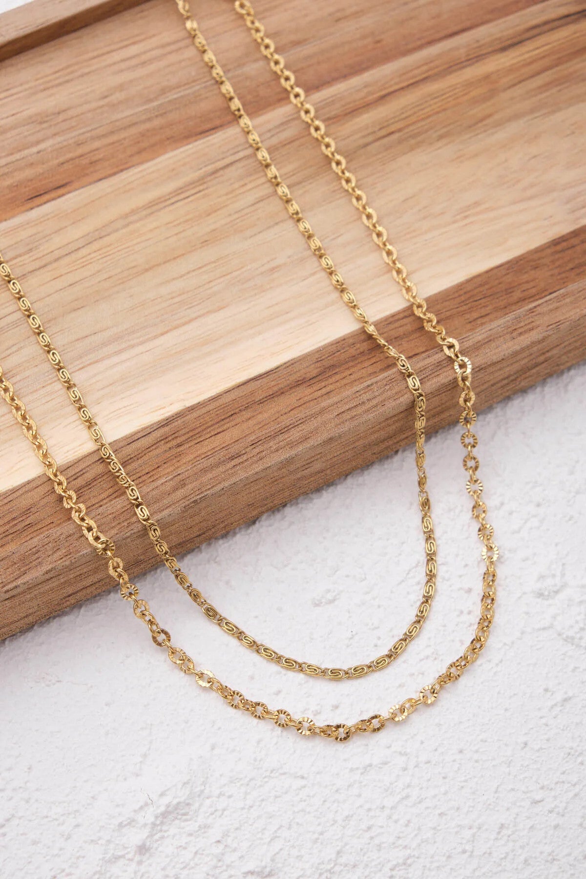 Çelik 2'li Kombin Salyangoz ve Dokulu Halat Zincir Kolye Minimal Kararmaz 45cm