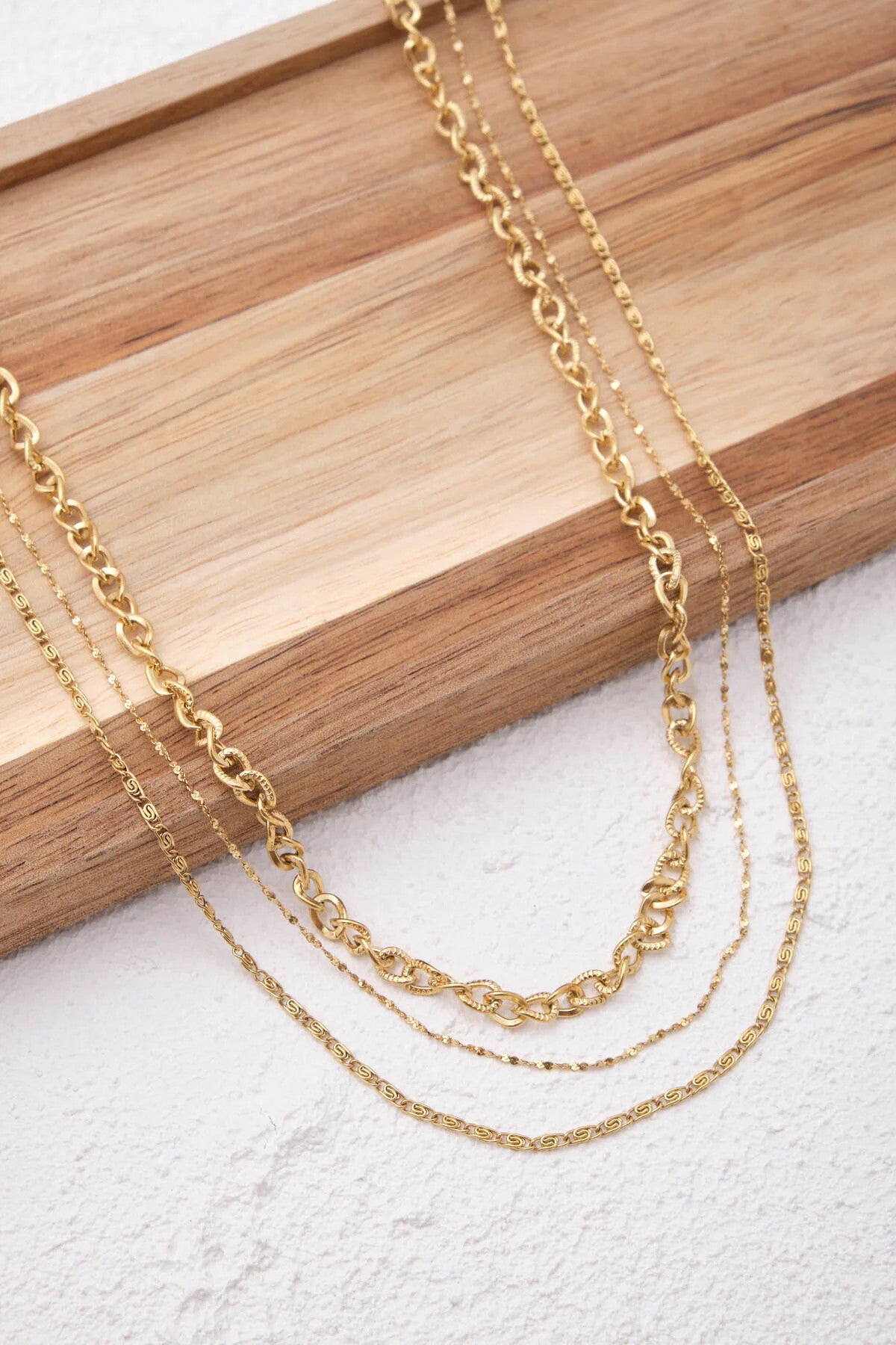 Çelik 3'lü Kombin Dokulu Sarmal, Salyangoz ve Ezme Burgu Zincir Kolye 45cm+5cm Minimal Kararmaz