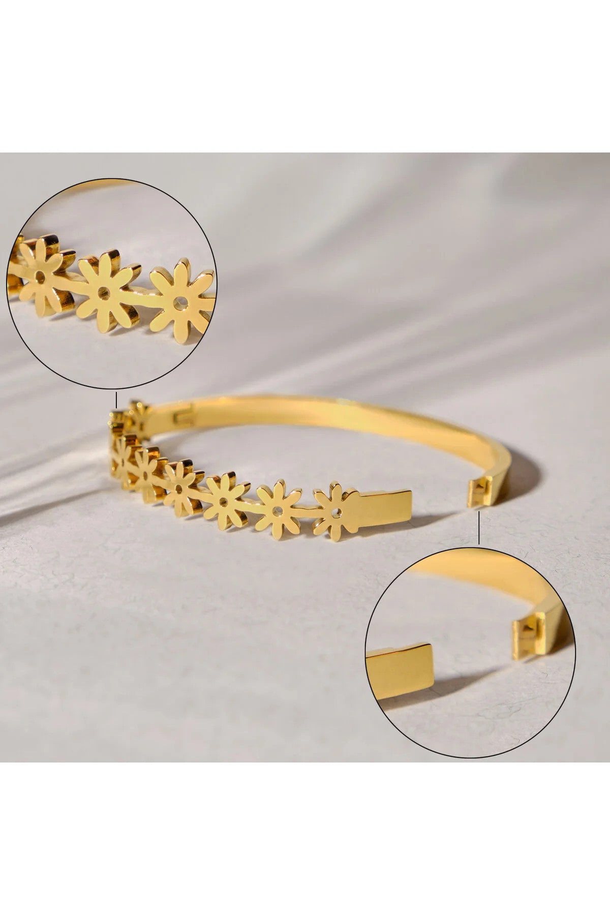 Çelik Çiçek Figürlü Kelepçe Bileklik Kararmaz