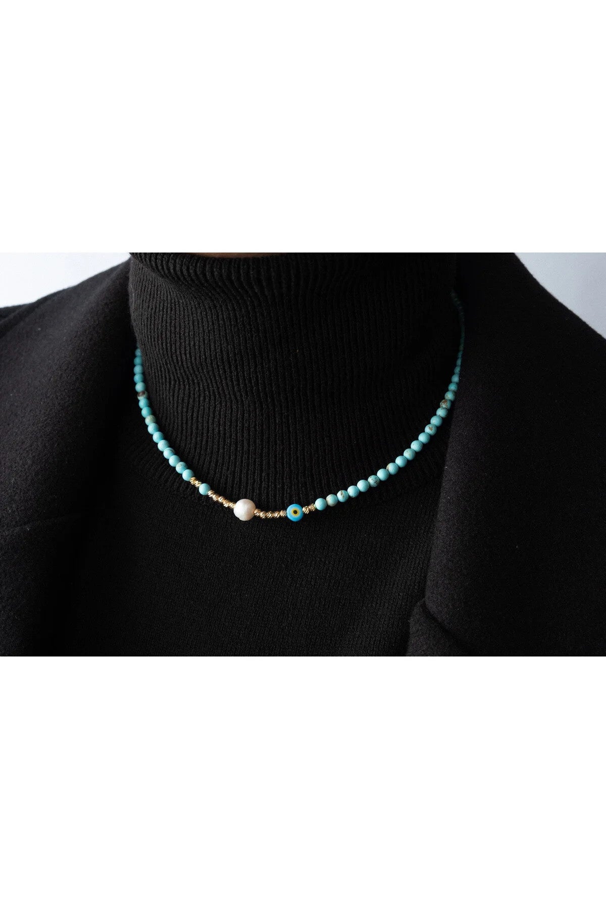 Deniz Serenite Doğal Taş Kolye Turkuaz ve İnci Taş Kolye 40cm