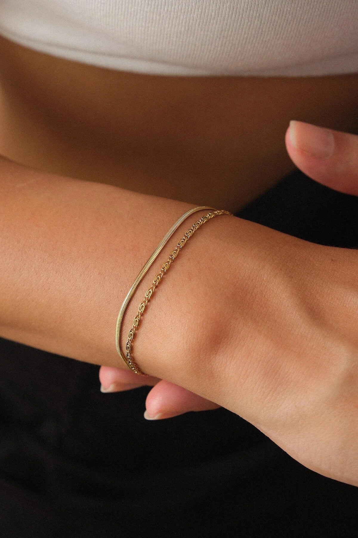 Çelik Flumka İtalyan Zincir 2li Bileklik Kararmaz 17+6cm 2mm & 1mm Salyangoz Kombin Bileklik