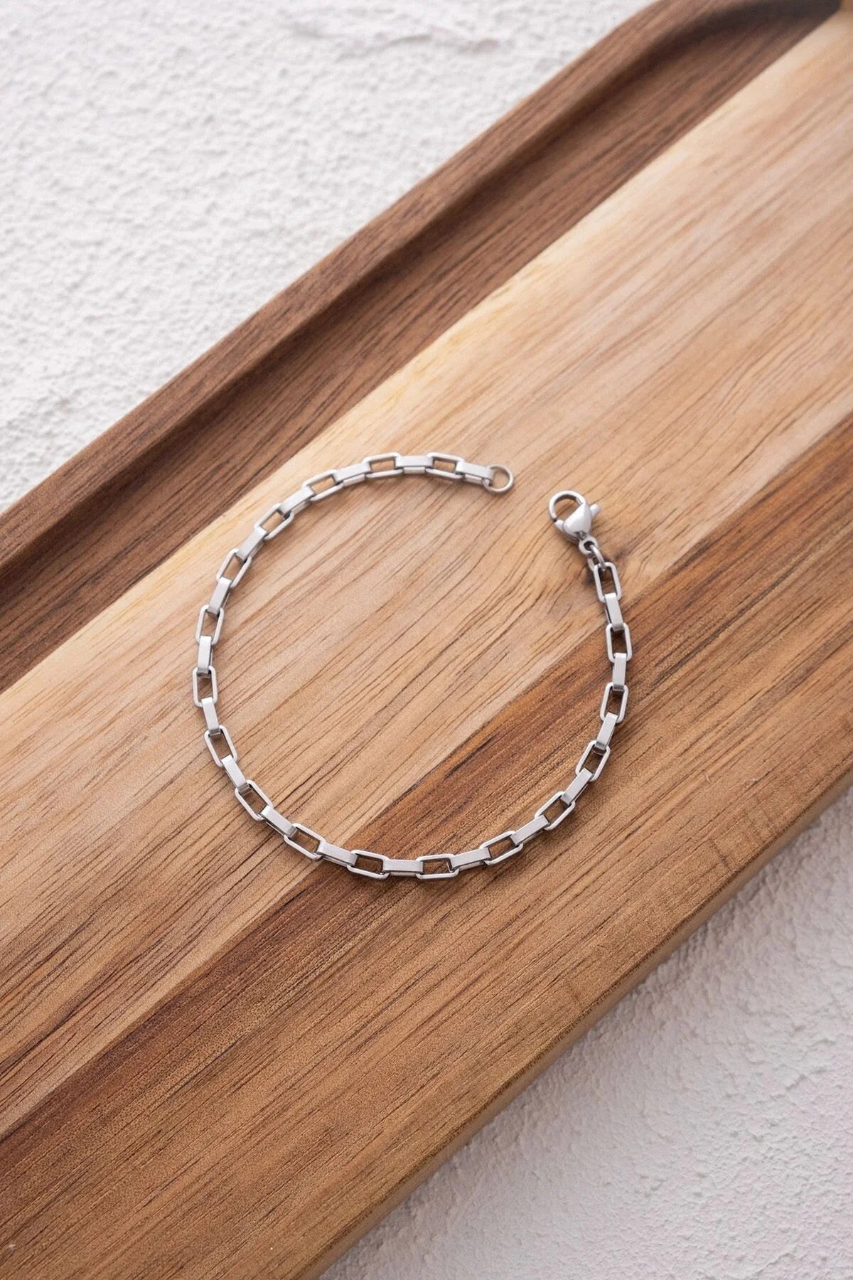 Çelik Dikdörtgen Zincir Bileklik 3mm Kararmaz 17cm+4cm&21cm