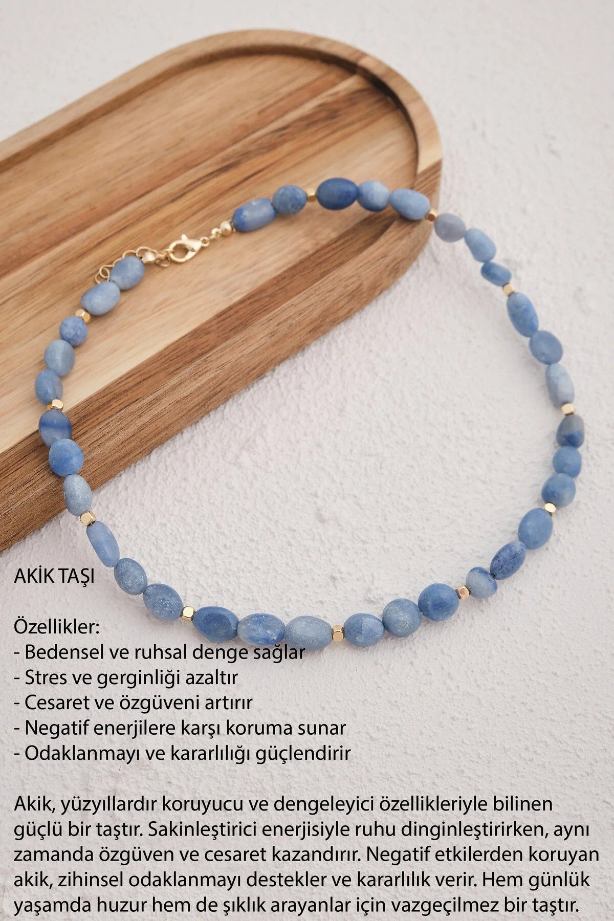 Akik Doğal Taş Kolye 40cm+5cm El İşi Özel Yapım Gerçek Mavi Akik Taşı