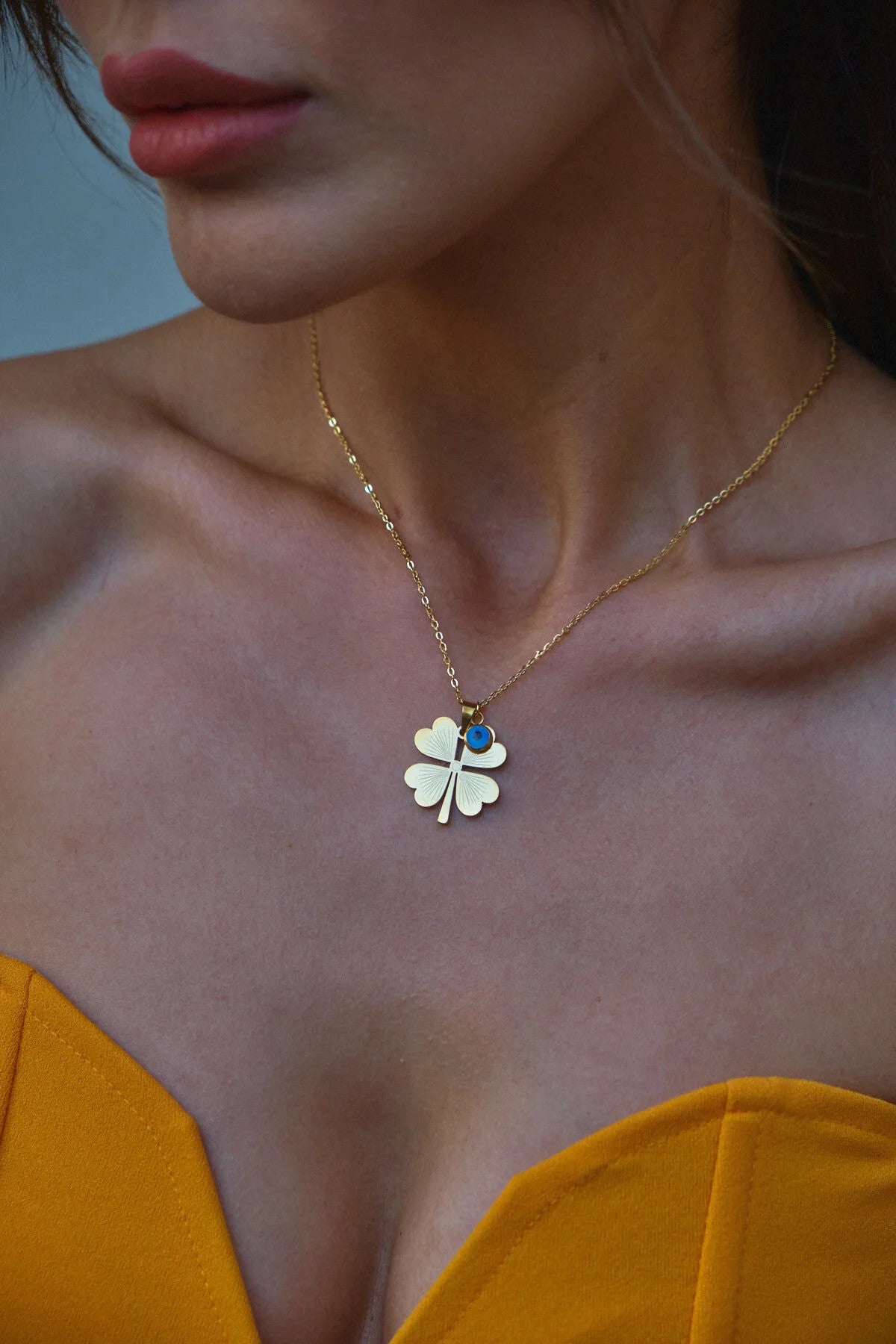 Çelik Yonca Kolye Nazar Boncuklu Dört Yapraklı Yonca Arkadaşa Dosta Hediye 45cm