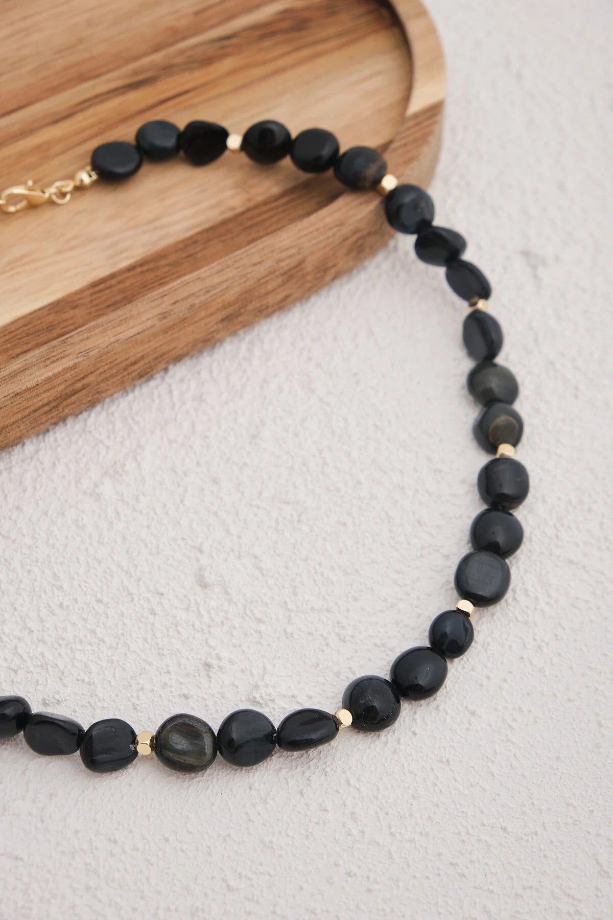 Obsidyen Doğal Taş Kolye 40cm+5cm El İşi Özel Yapım Gerçek Obsidyen Siyah Taş