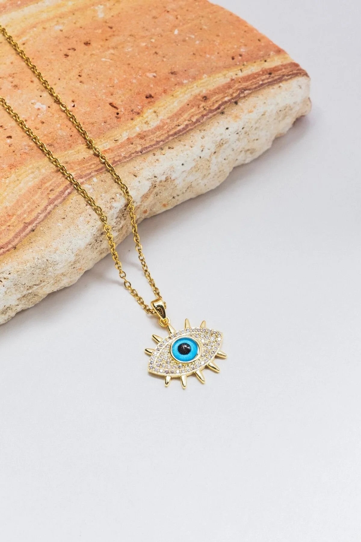 Çelik Taşlı Mavi Göz Kolye Kararmaz