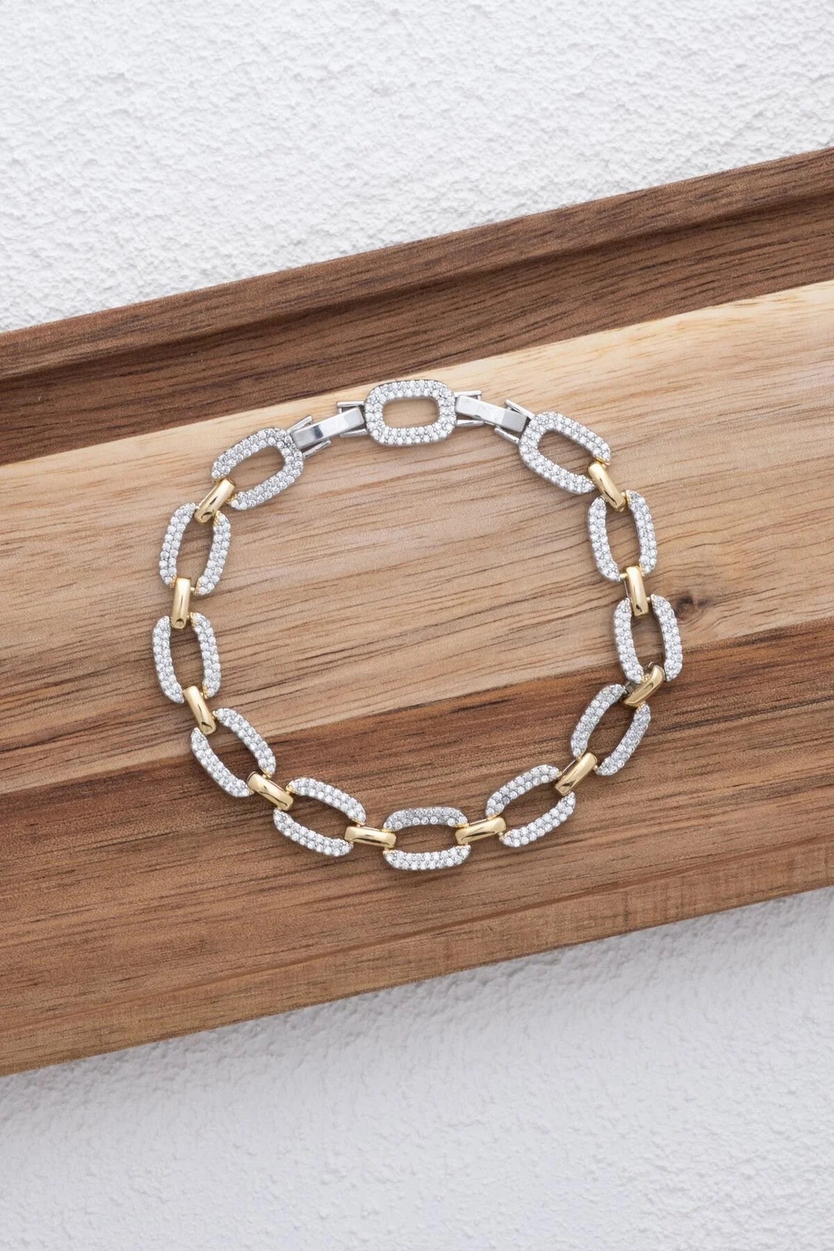 VIP Kare Bileklik İç İçe Geçmiş Kareler Rodyum Kaplama Zirkon Taşlı Çift renk Gümüş Altın 17cm