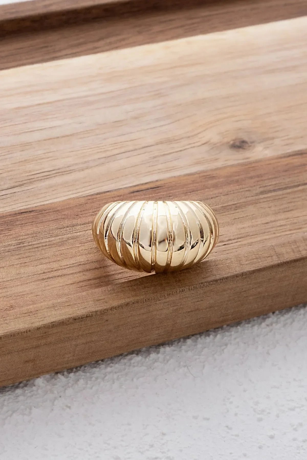 Çizgili Bombe Yüzük Istiridye Vintage Altın Plaka Free Size Ayarlamalı Ölçü