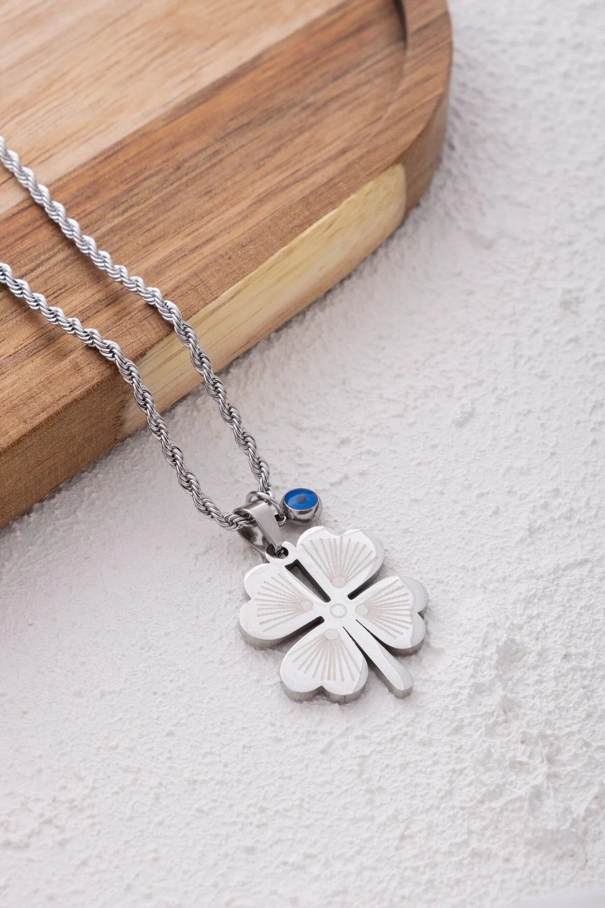 Çelik Yonca Kolye Nazar Boncuklu Dört Yapraklı Yonca Arkadaşa Dosta Hediye 60cm