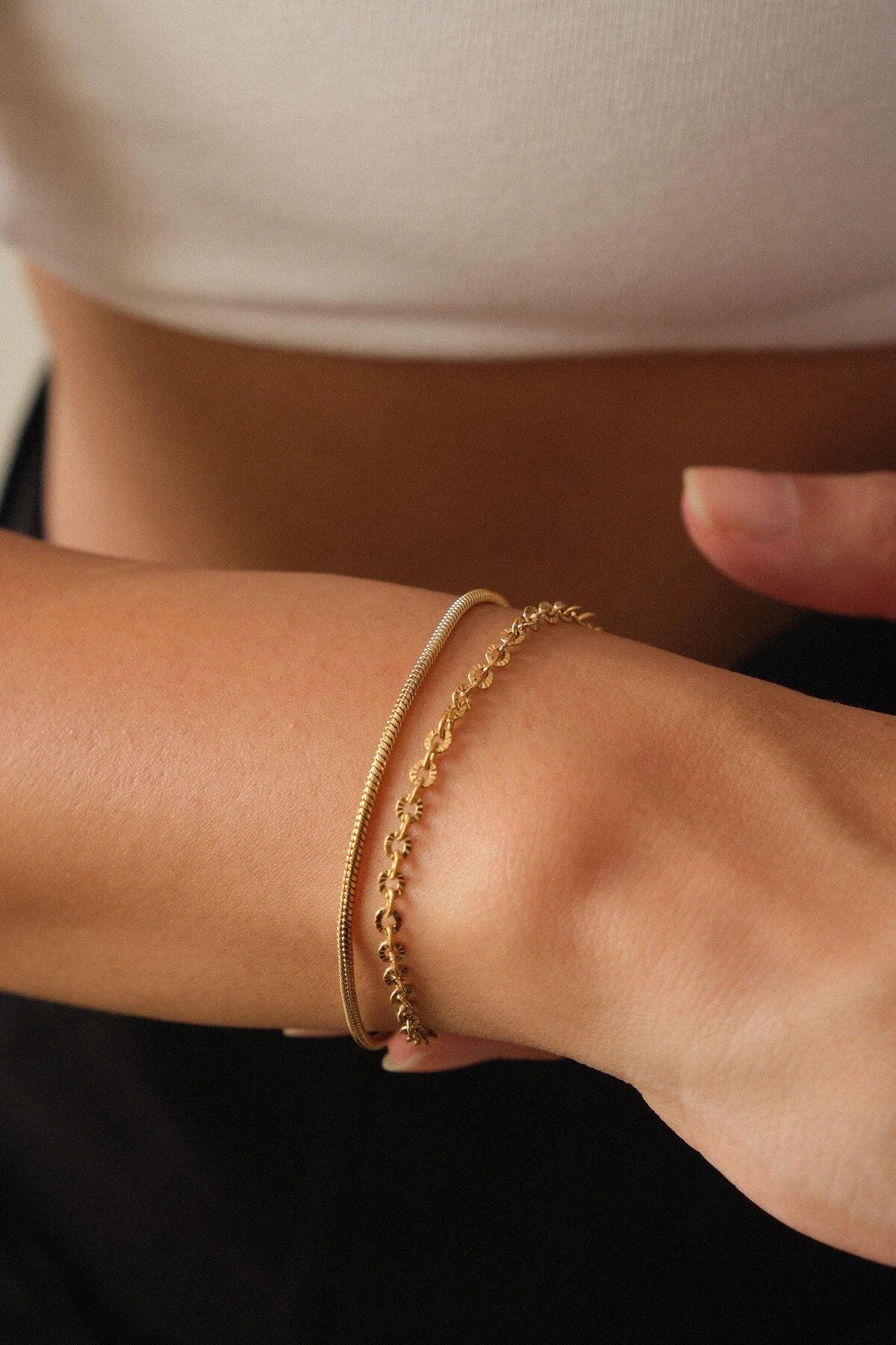 Çelik Gordion İtalyan Zincir 2li Bileklik Kararmaz 17+6cm 1mm & 1mm Halat Zincir Kombin Bileklik