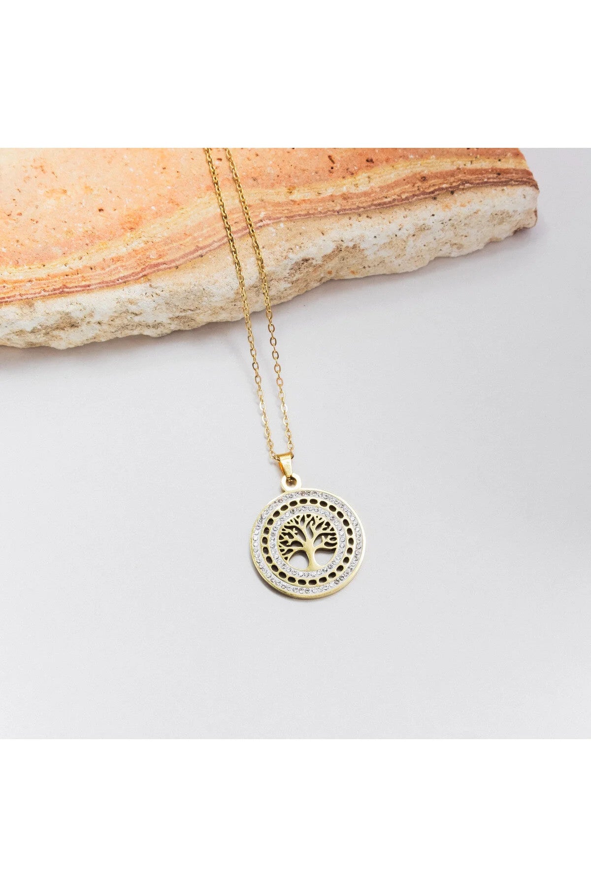Çelik Taşlı Hayat Ağacı Spiritüel Kolye Kararmaz