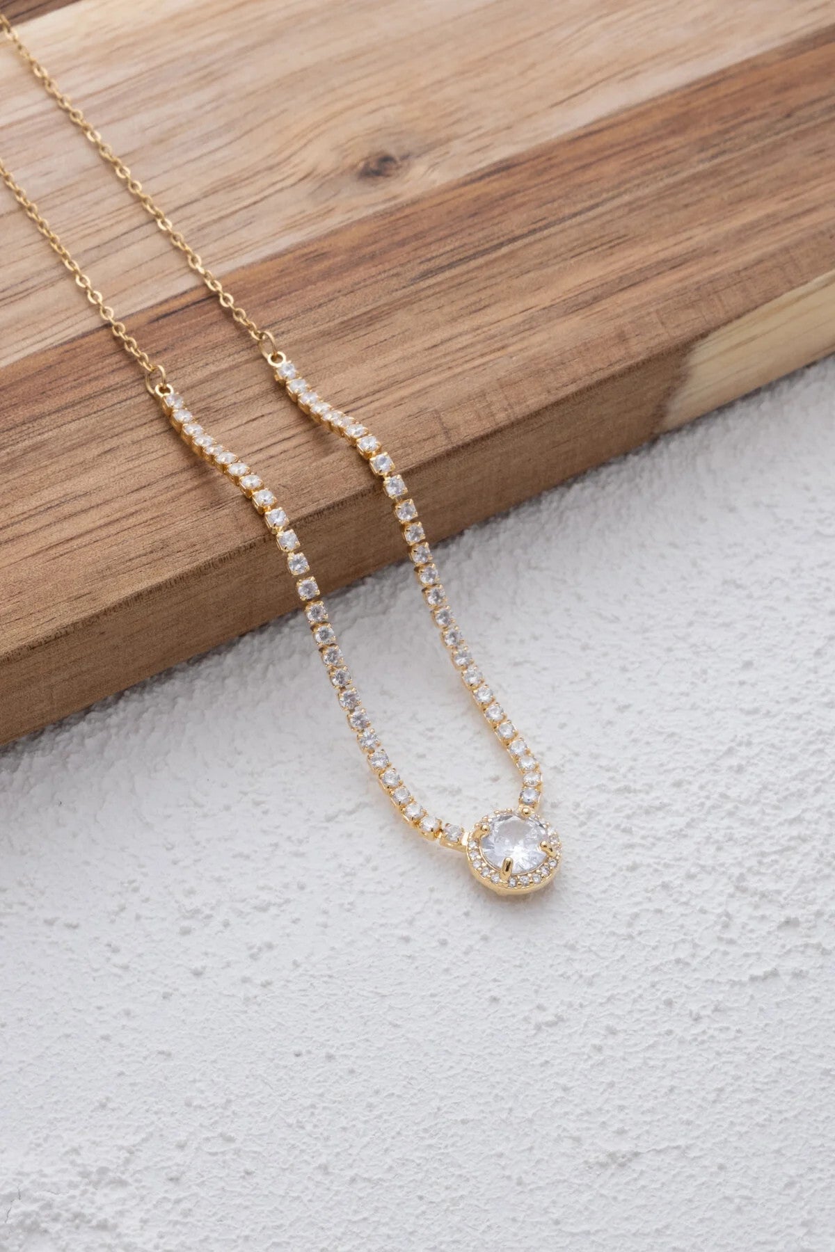 Çelik Baget Taşlı Su Yolu Kolye Kararmaz Beyaz Zirkon Taşlı