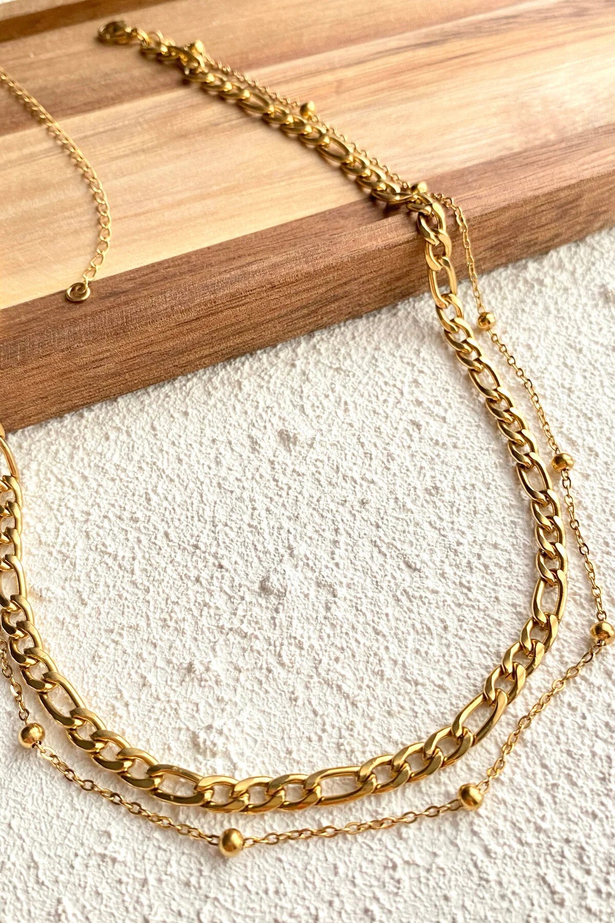 Çelik 2li Kombin Figaro ve Toplu Zincir Kolye Kararmaz 5mm&1mm Figaro Toplu Zincir İkili Kolye 45cm