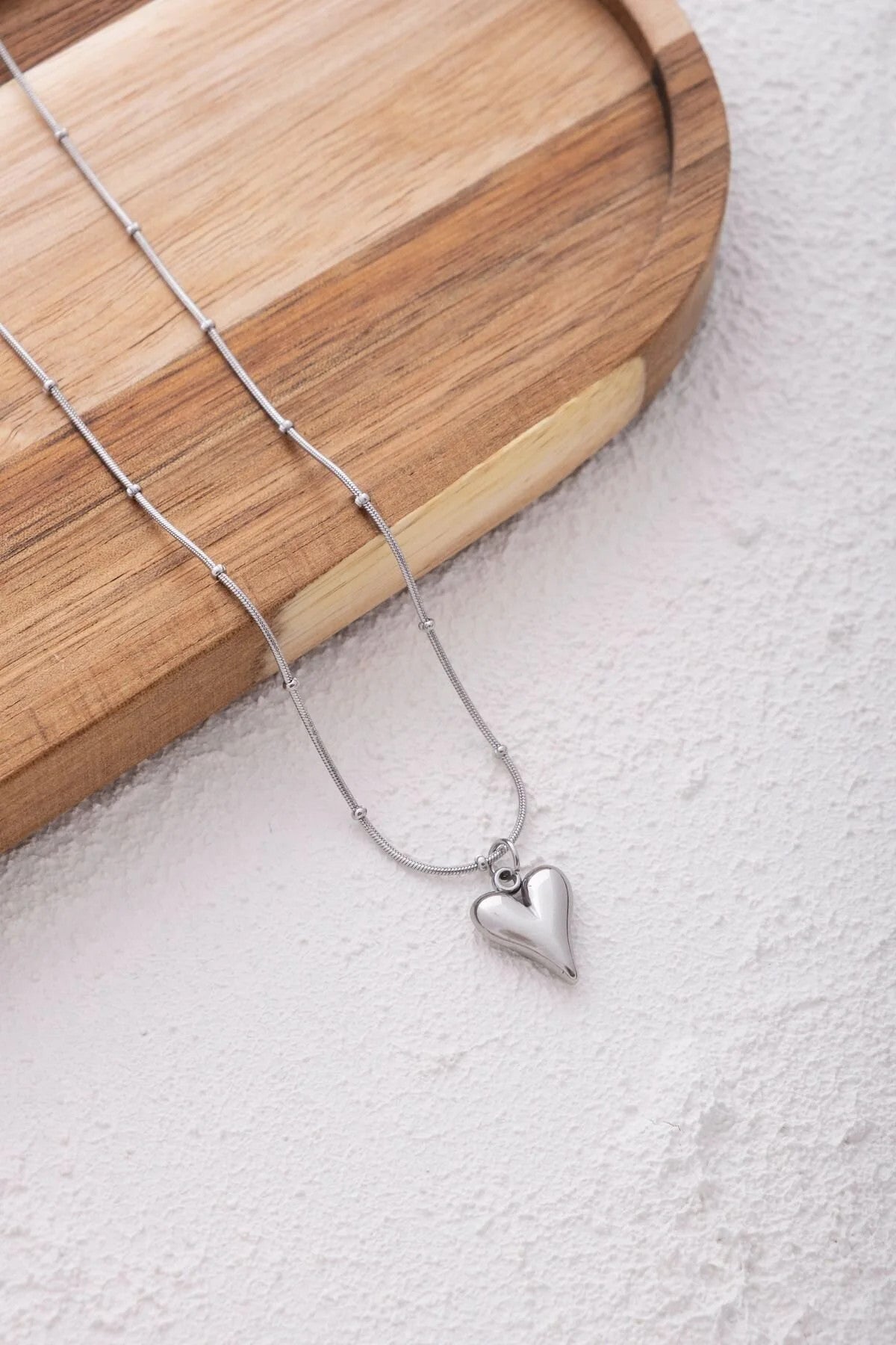 Çelik Kalp Kolye Toplu Zincir 45cm Kararmaz Topçuklu Zincir Kalp Kolye