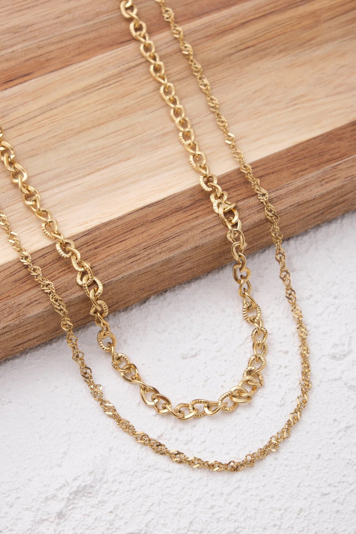 Çelik 2'li Kombin Singapur ve Dokulu Sarmal Zincir Kolye Minimal Kararmaz 45cm