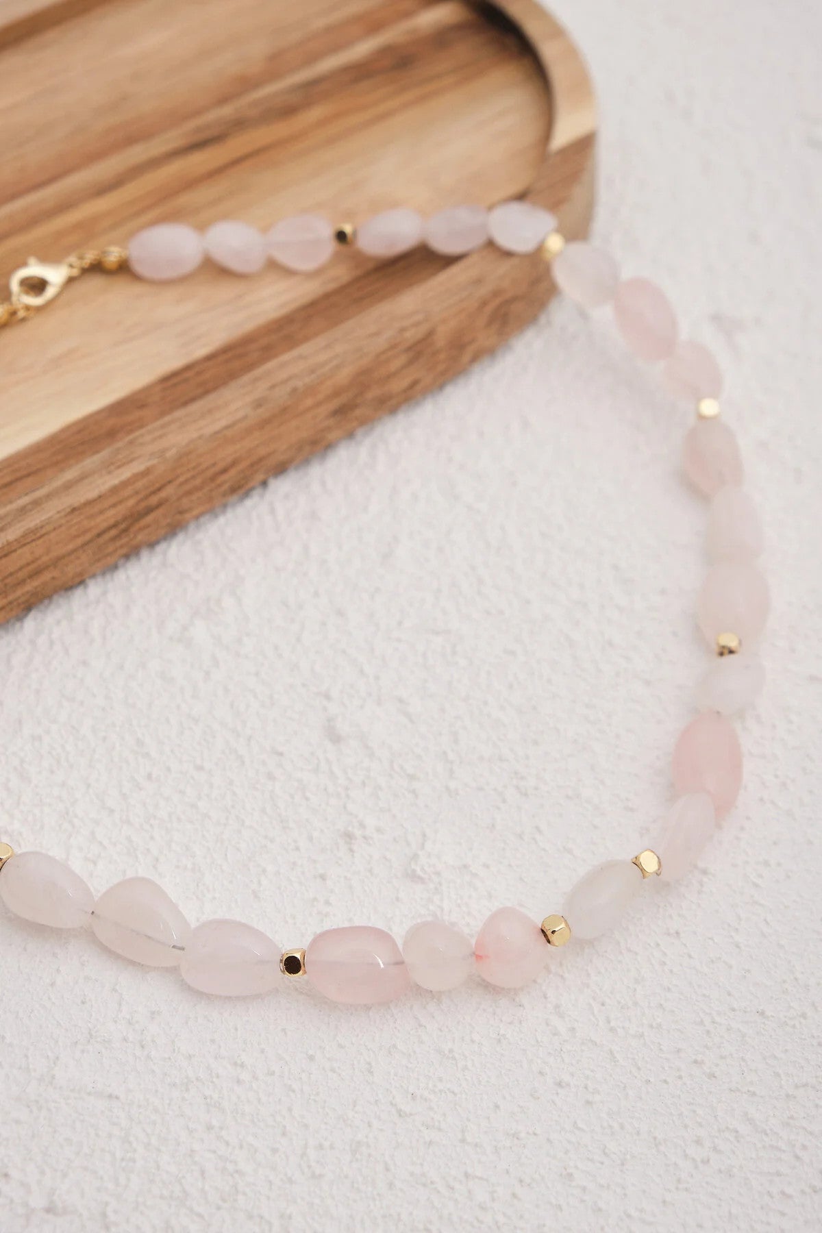 Pembe Kuvars Doğal Taş Kolye 40cm+5cm El İşi Özel Yapım Gerçek Kuvars Taşı