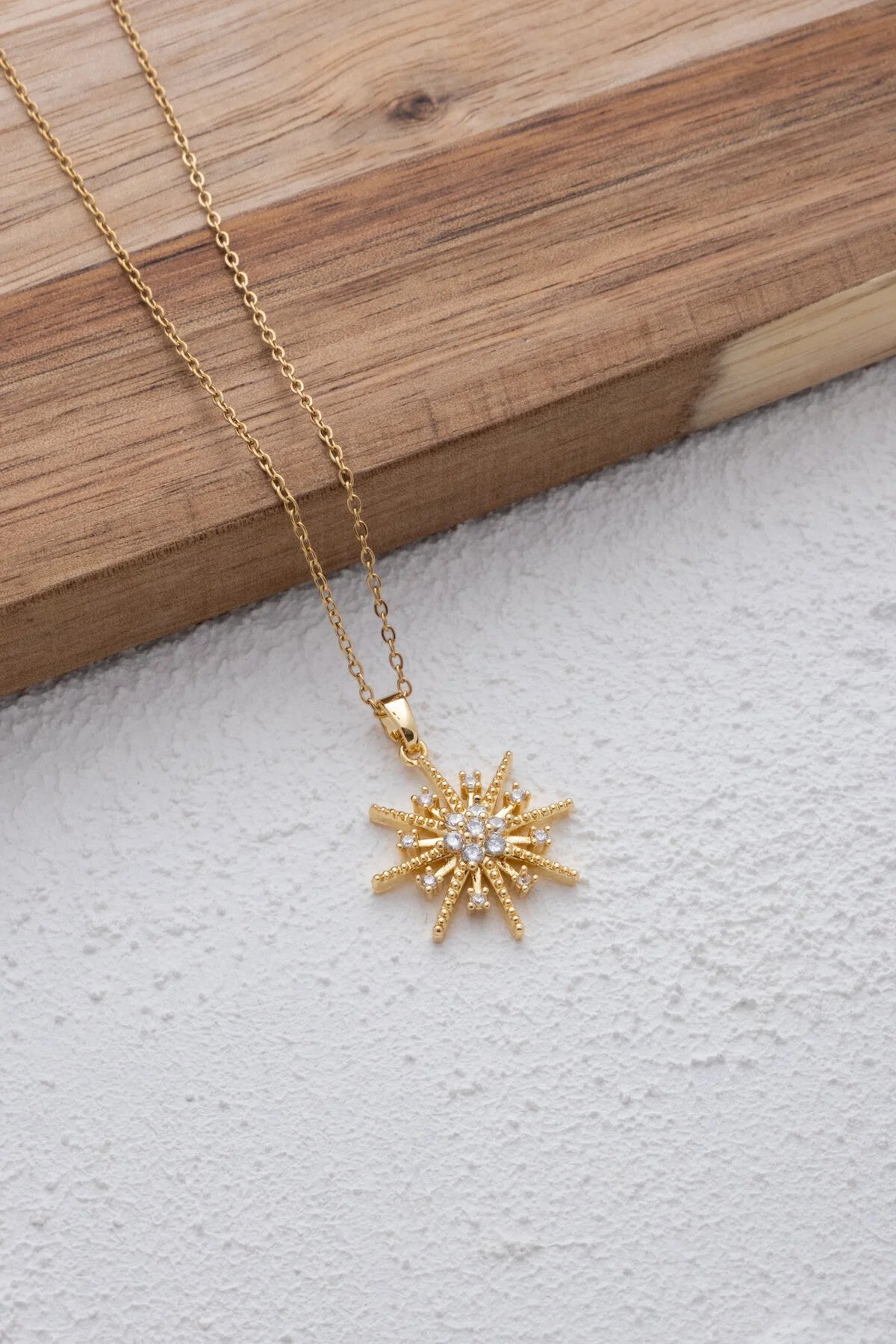 Çelik Kutup Yıldızı Kolye Beyaz Zirkon Taşlı Kararmaz Pusula Kolye