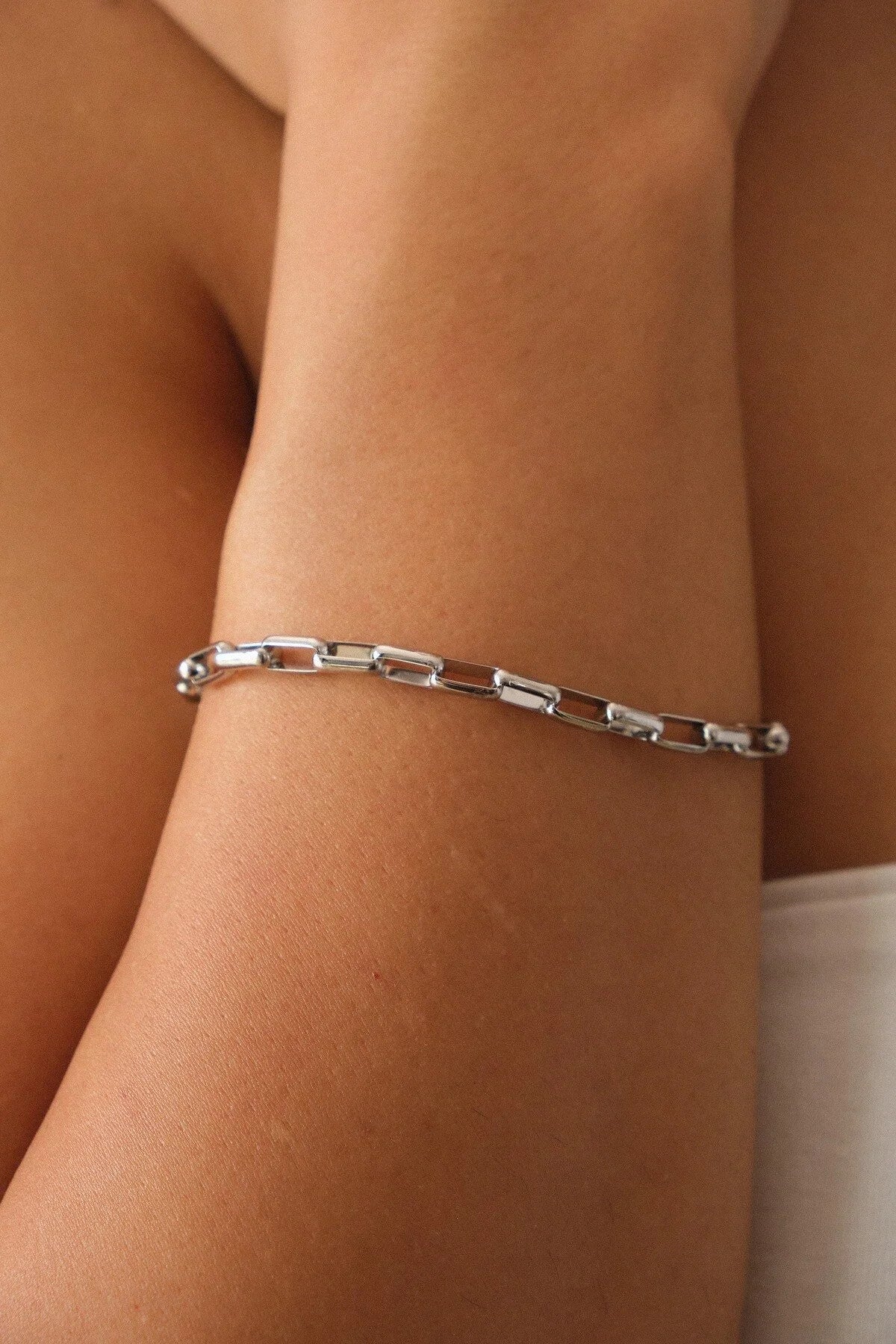 Çelik İnce Dikdörtgen Zincir Bileklik Kararmaz 4mm 17cm+4cm&21cm Günlük Kullanıma Uygun