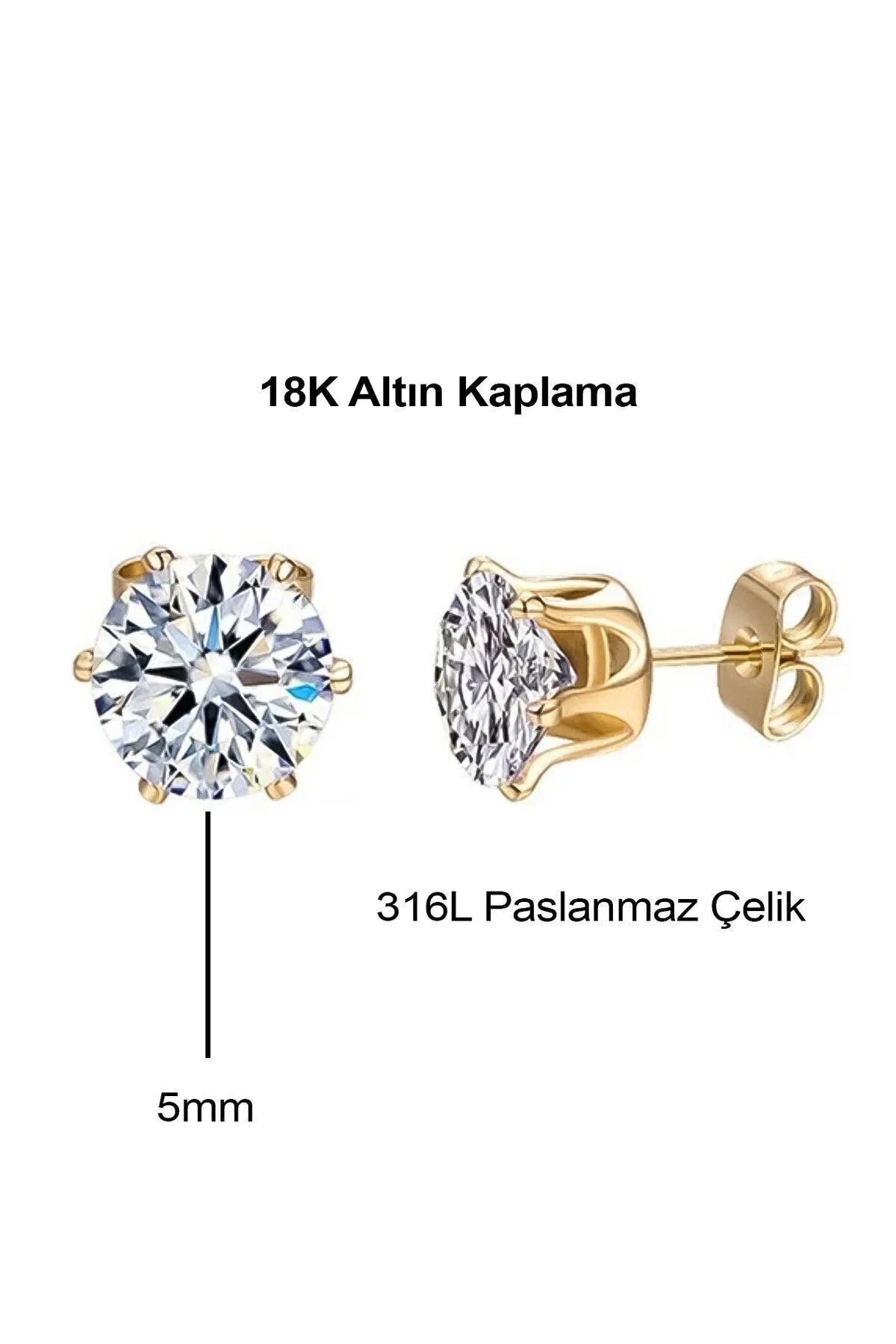Çelik Tek Taş Küpe 18K Altın Kaplama Tek Taşlı Paslanmaz Çelik Küpe 5mm Gümüş Kaplama