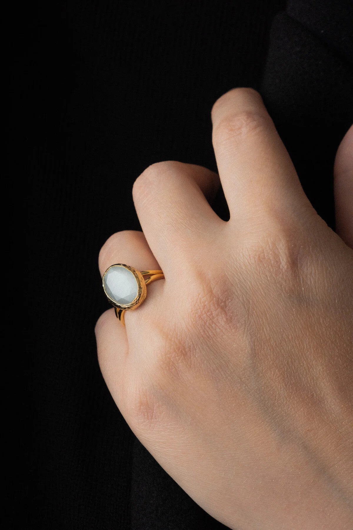 Kedi Gözü Mavi Doğal Taş Yüzük Freesize Ayarlanabilir El İşi Özel Yapım Kedi Gözü Parlak Taş Yüzük