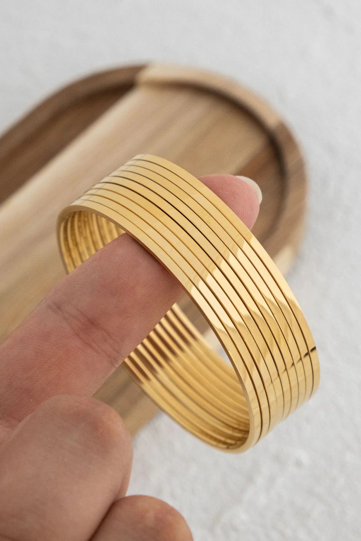 Çelik Ajda Bilezik İnce Kibrit Çöpü Kararmaz Altın 9'lu Set Çap 6.6cm