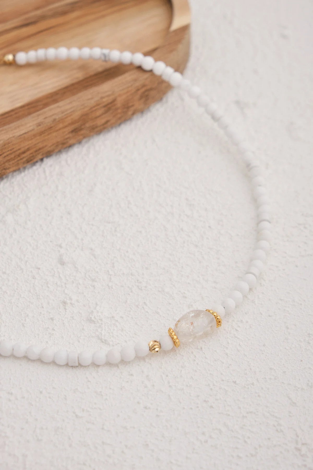 Beyaz Kuvars Doğal Taş Kolye 40cm+5cm El İşi Özel Yapım Gerçek Kuvars Taşı