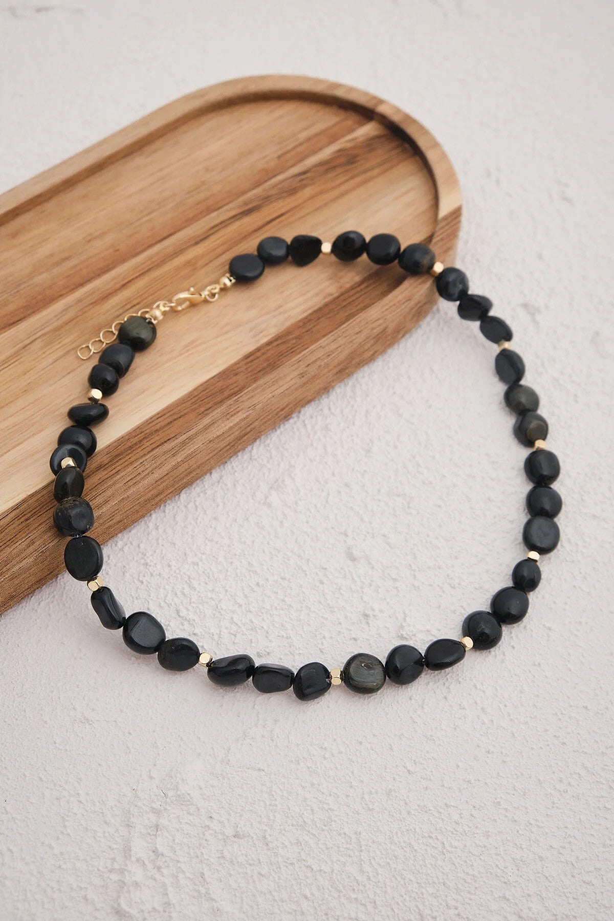 Obsidyen Doğal Taş Kolye 40cm+5cm El İşi Özel Yapım Gerçek Obsidyen Siyah Taş