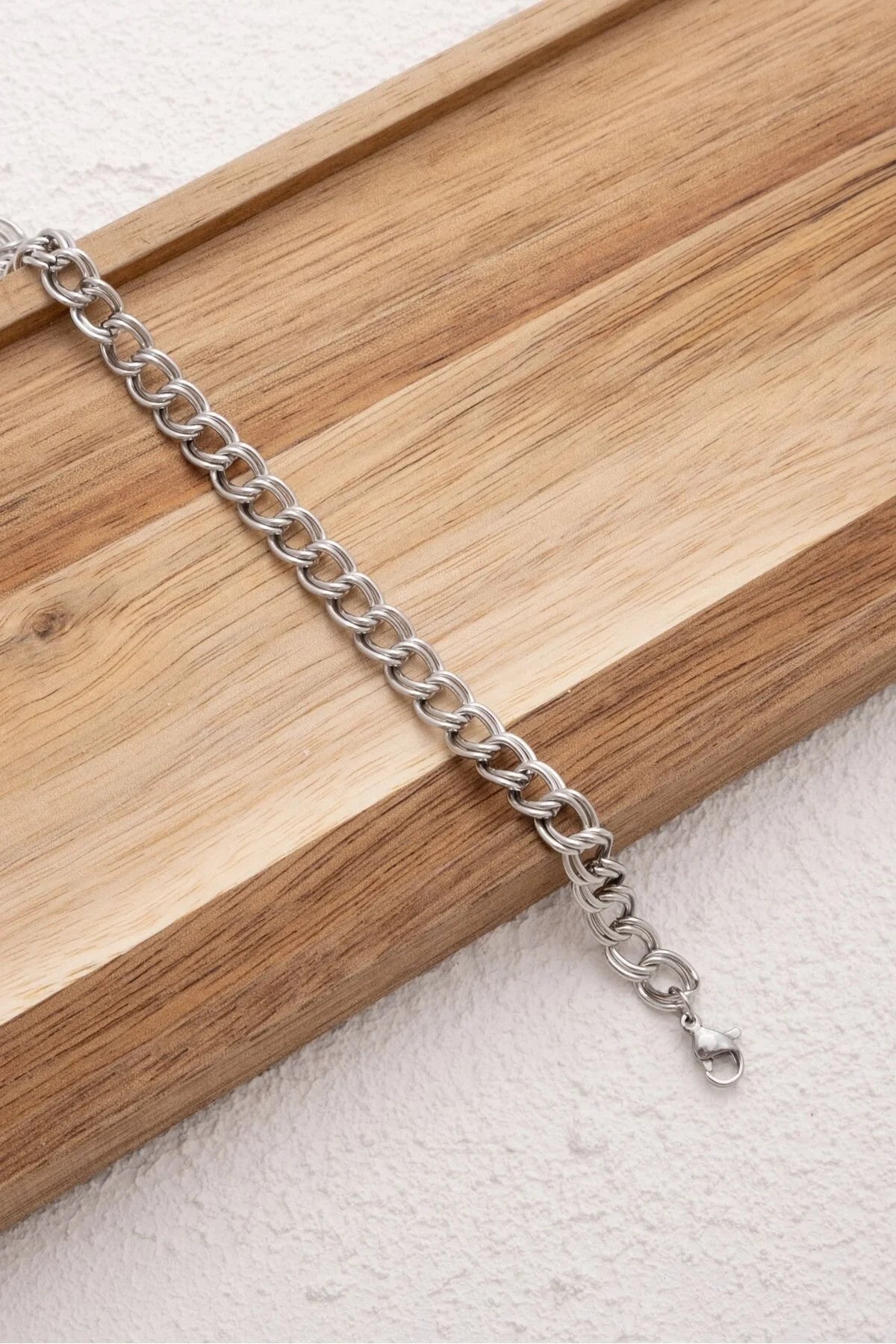 Çelik Çift Halkalı Zincir Halhal Kalın İç İçe Geçmeli Zincir Kararmaz 7mm 22cm+4cm