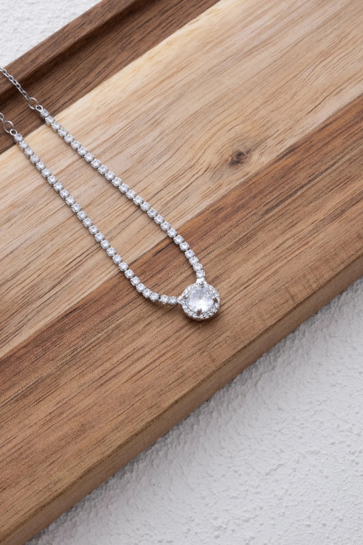 Çelik Baget Taşlı Su Yolu Kolye Kararmaz Beyaz Zirkon Taşlı