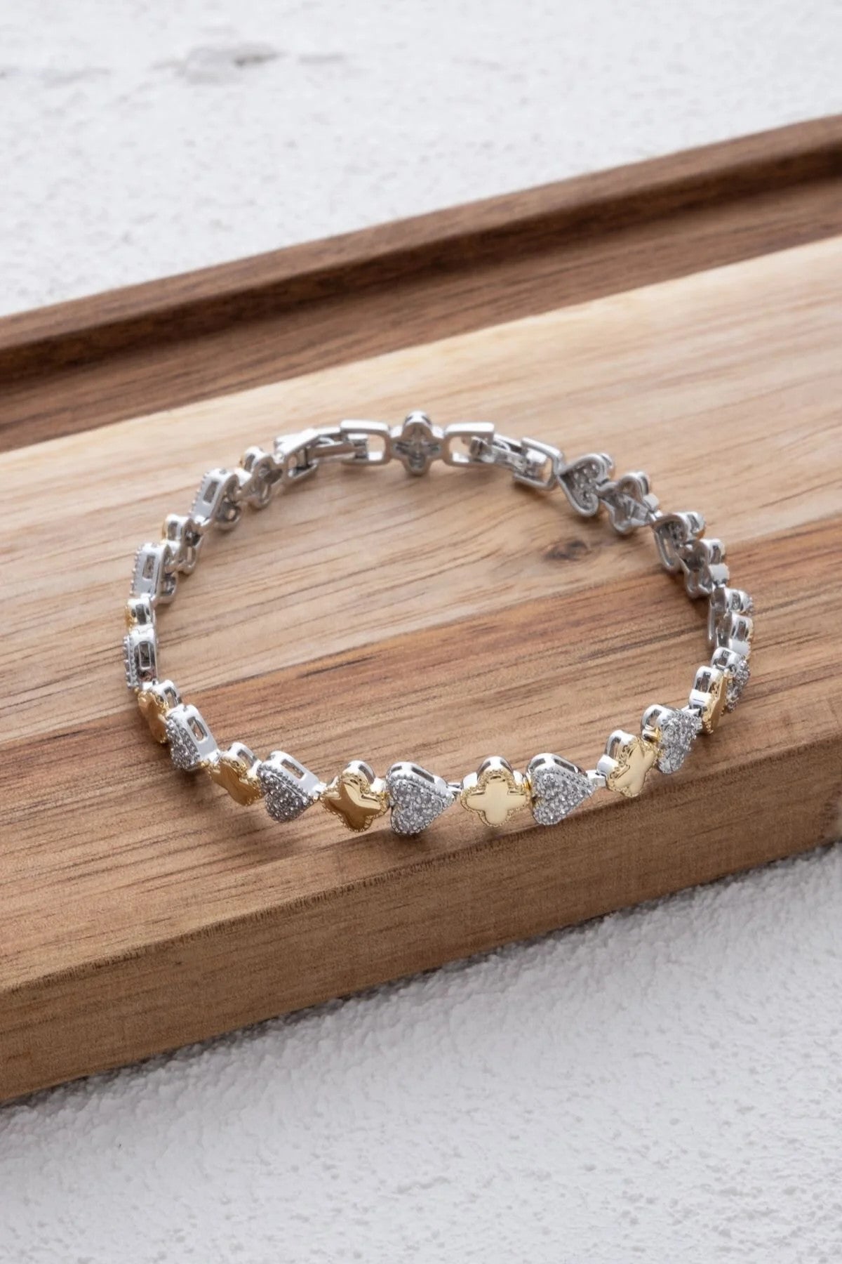 VIP Kalp Yonca Figür Bileklik Rodyum Kaplama Zirkon Taşlı Çift Renkli Gümüş Altın 17cm Uzatma 3cm