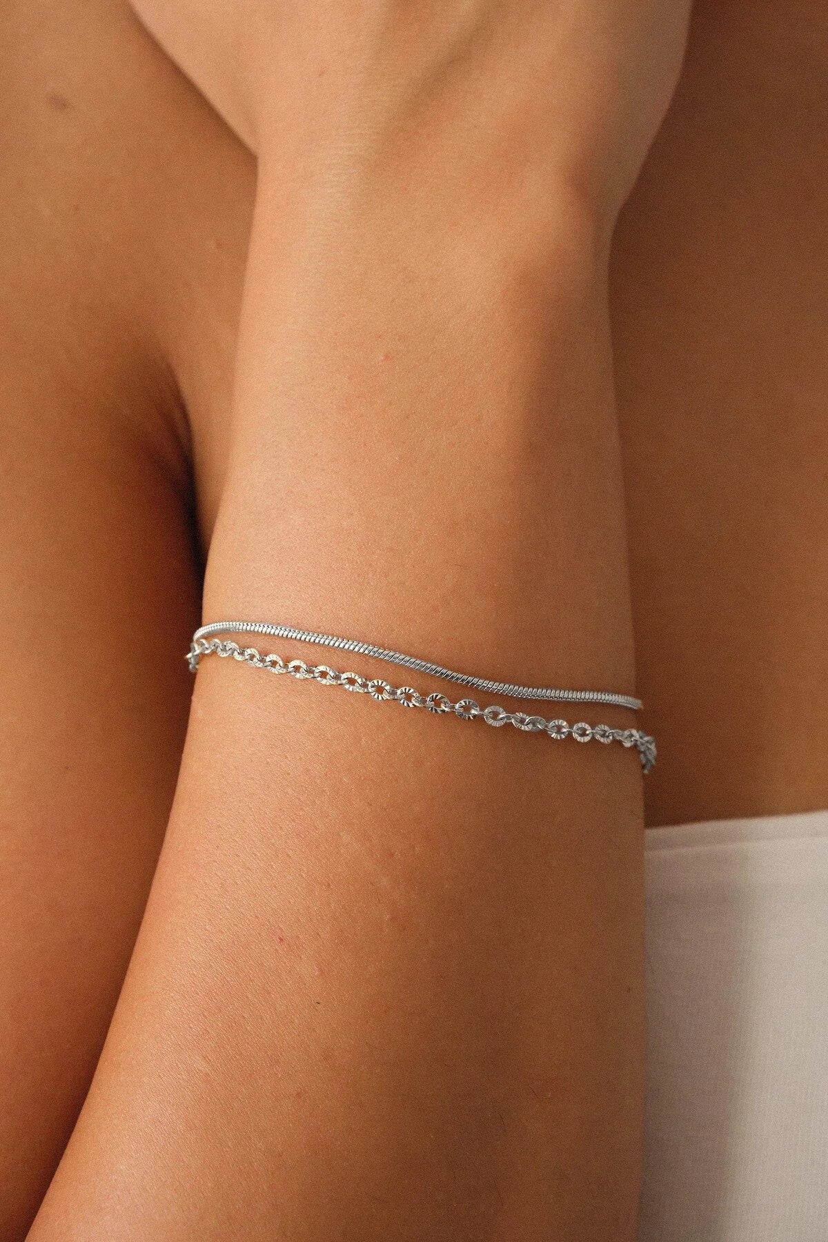 Çelik Gordion İtalyan Zincir 2li Bileklik Kararmaz 17+6cm 1mm & 1mm Halat Zincir Kombin Bileklik