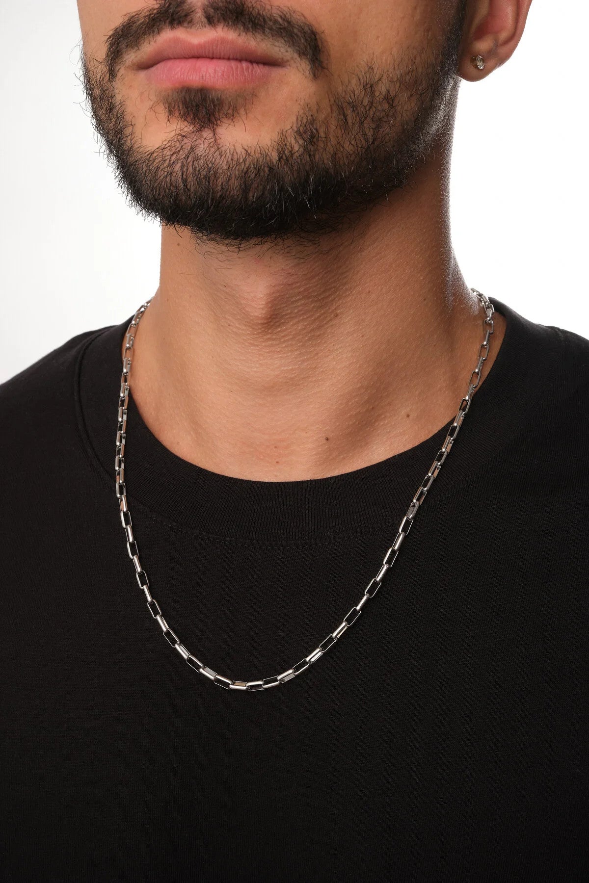 Çelik Dikdörtgen Erkek Zincir Kolye 4mm Kararmaz