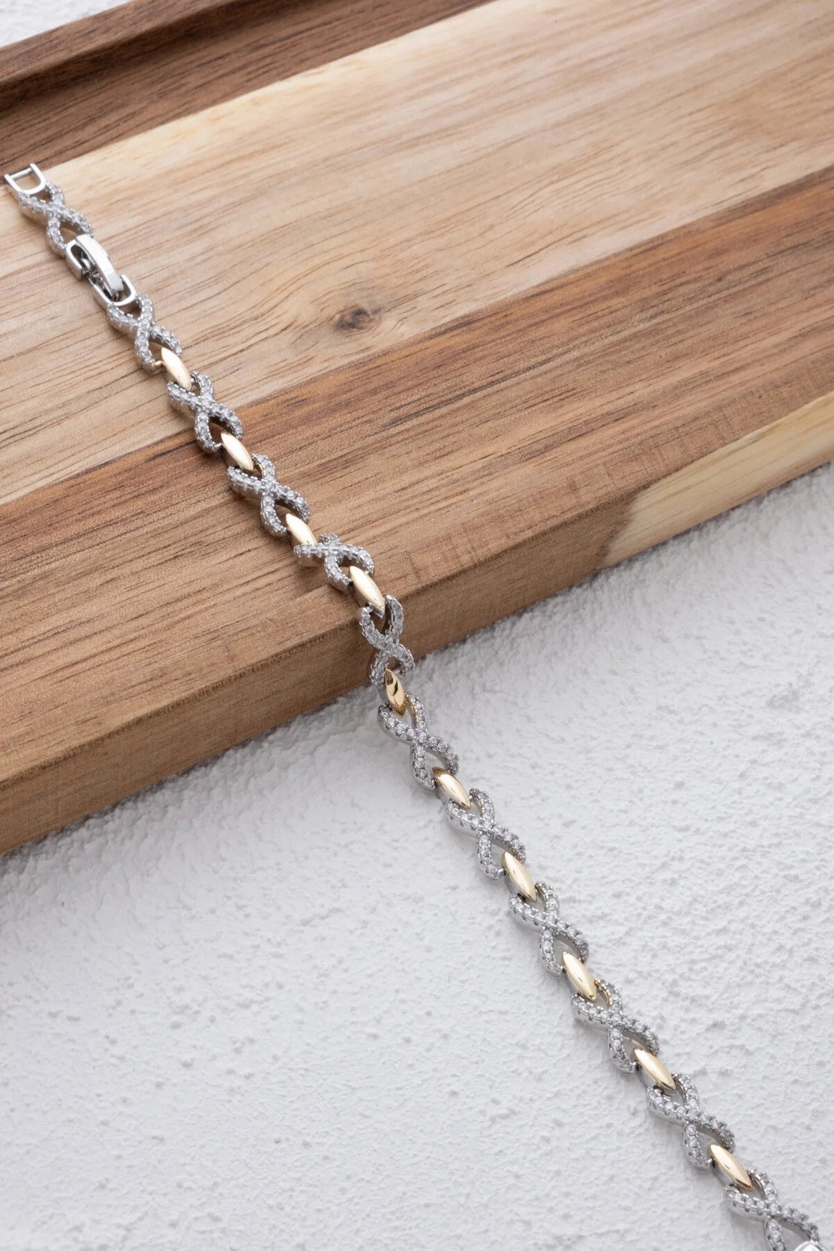 VIP Sonsuzluk Sembollü Bileklik Rodyum Kaplama Zirkon Taşlı 17+3cm Çift Renkli Gümüş Altın