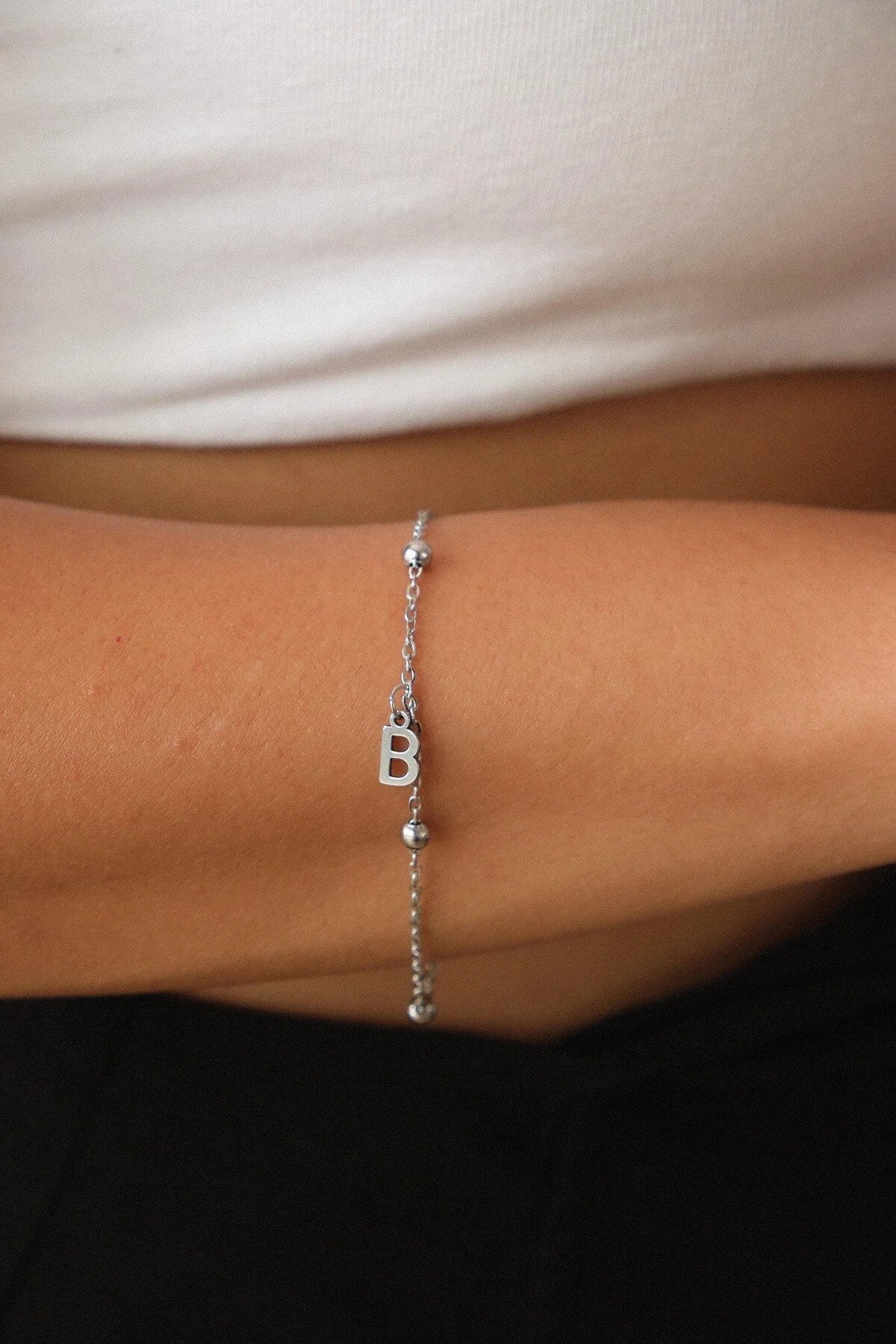 Çelik Harfli Top Ince Dorika Zincir Bileklik Harfli Bileklik Forse Zincir 1mm Minimal 17+4cm&21cm
