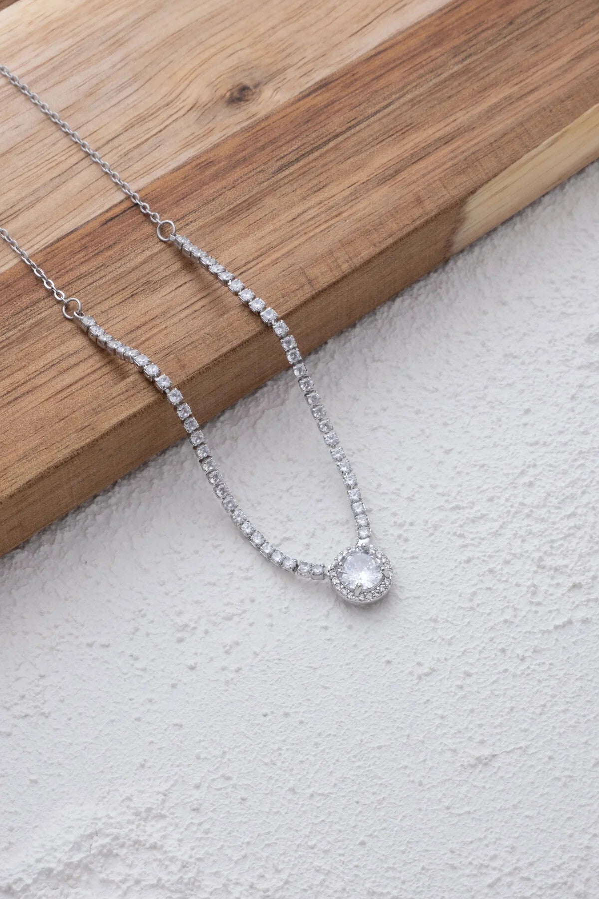 Çelik Baget Taşlı Su Yolu Kolye Kararmaz Beyaz Zirkon Taşlı