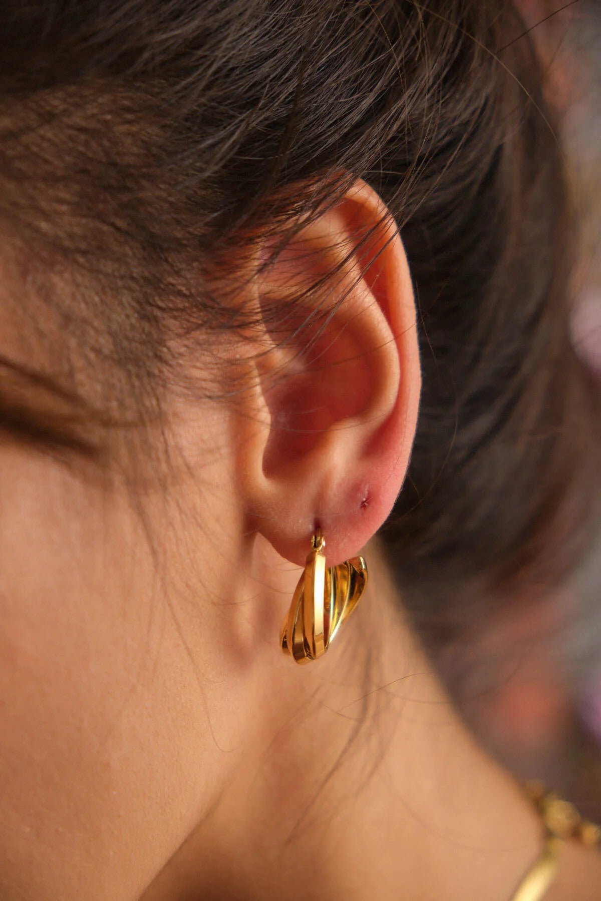 Çelik Halka Küpe Kararmaz Altın Kaplama Üç Halka Küpe 2cm