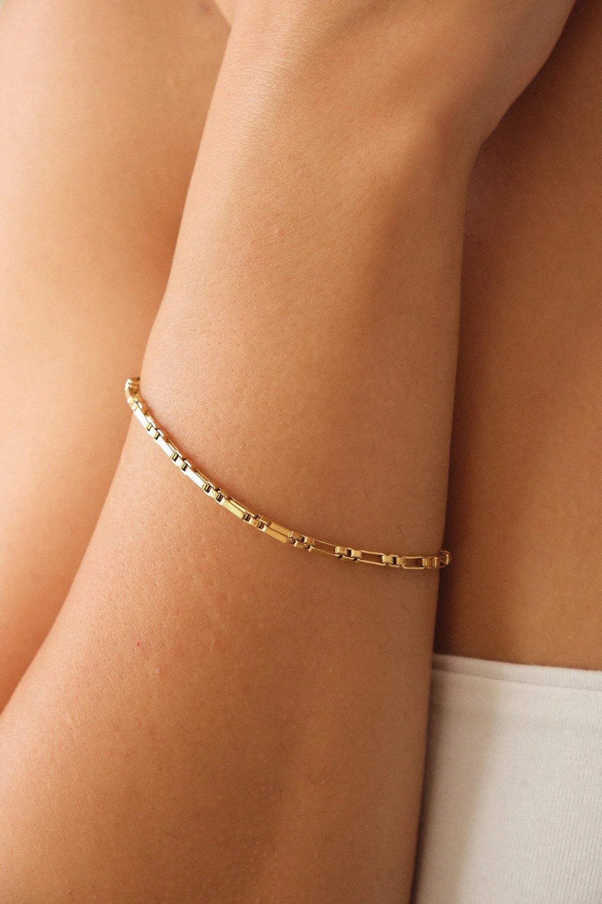 Çelik Dikdörtgen Kare Bileklik Kutu Dikdörtgen Bileklik 2mm Kararmaz 17cm+4cm-21cm