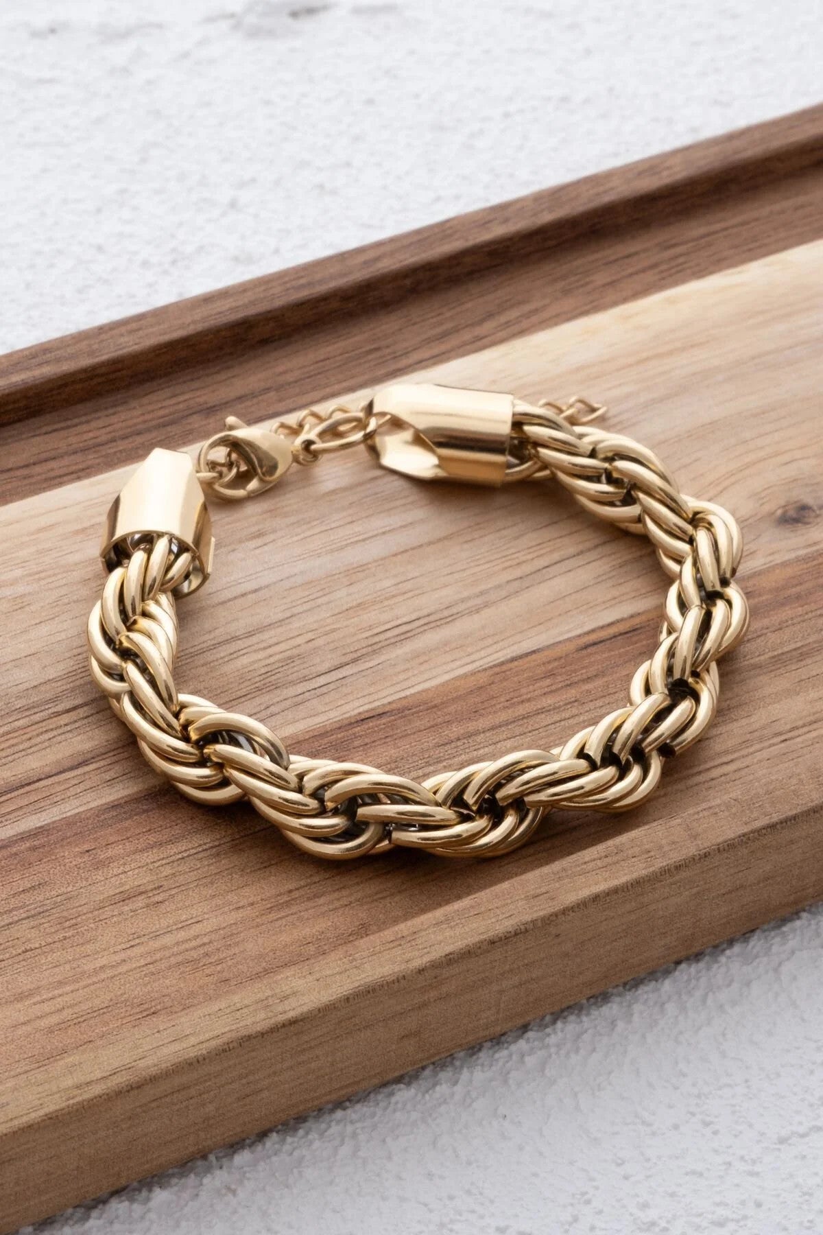 Çelik Kalın Burgu Bileklik Altın Kararmaz Zincir 19+5cm