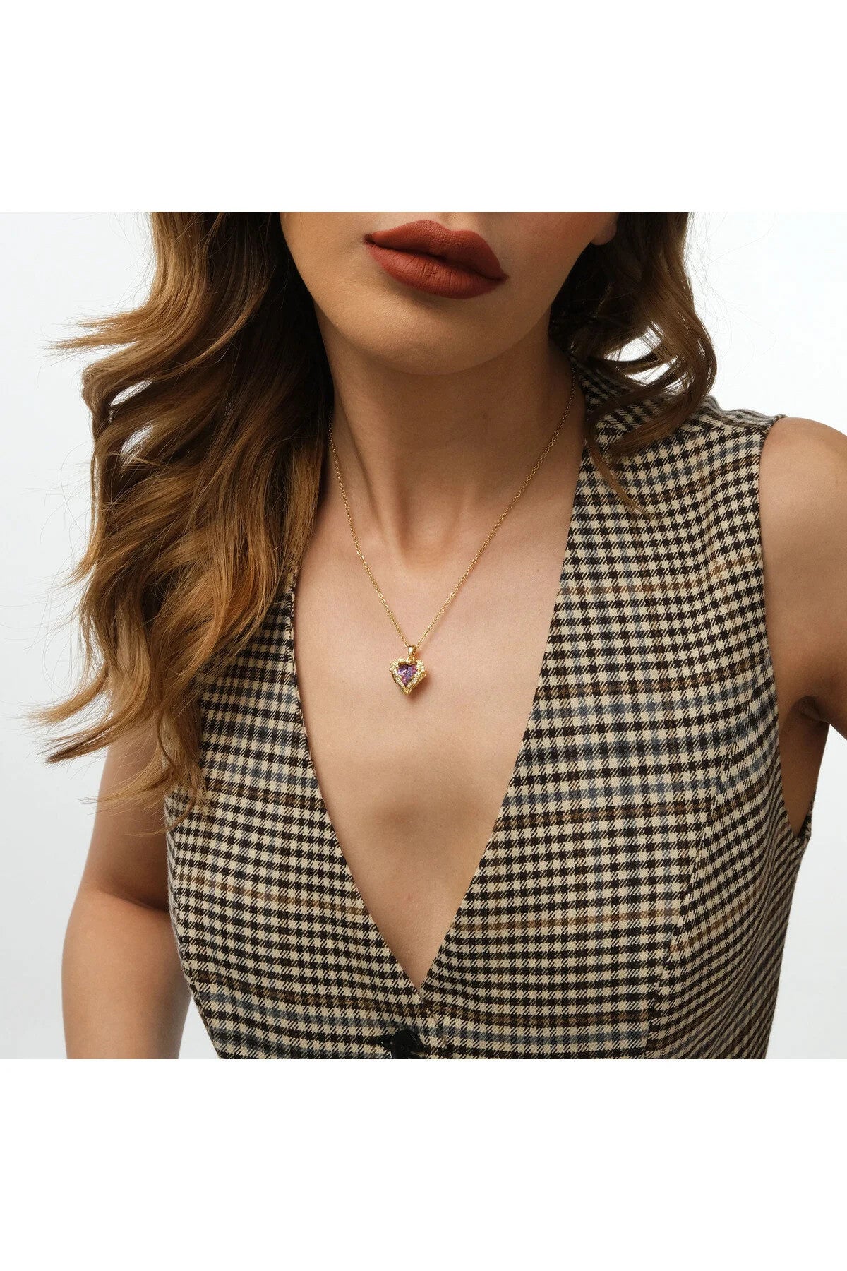 Çelik Rekli Taş Kalp Kolye Kararmaz