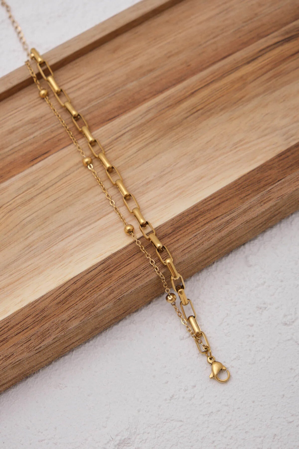 Çelik 2'li Kombin Toplu ve Ataç Dikdörtgen Zincir Bileklik Minimal Kararmaz 17+4cm & 21cm