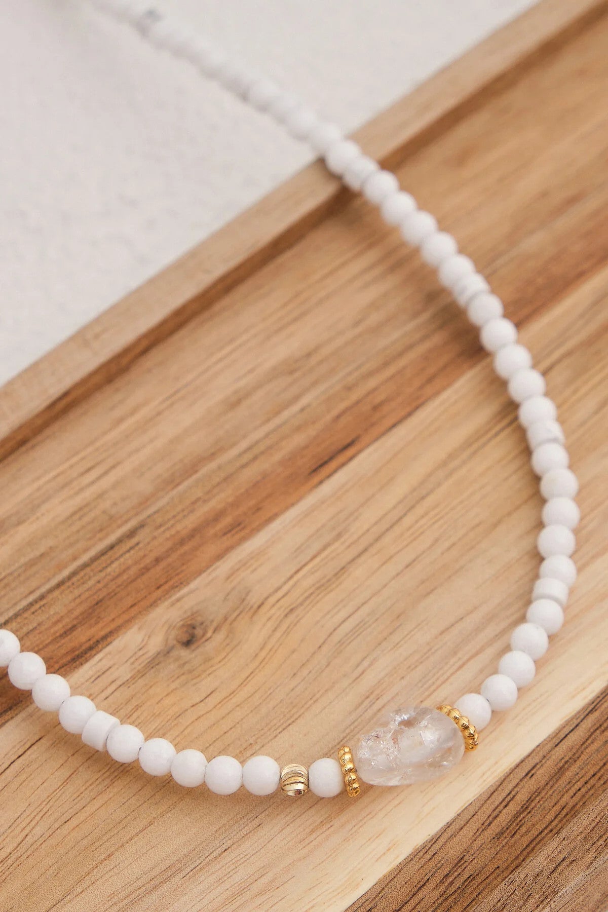 Beyaz Kuvars Doğal Taş Kolye 40cm+5cm El İşi Özel Yapım Gerçek Kuvars Taşı