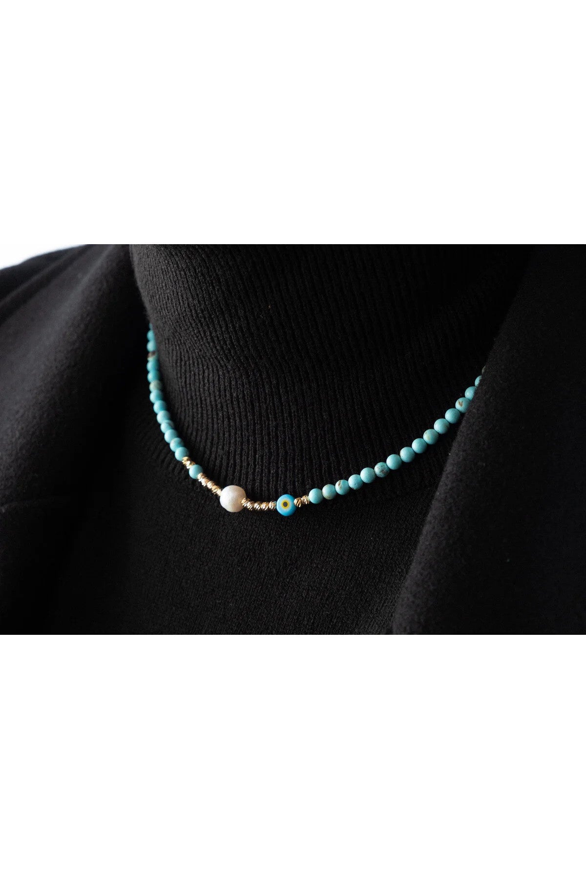 Deniz Serenite Doğal Taş Kolye Turkuaz ve İnci Taş Kolye 40cm