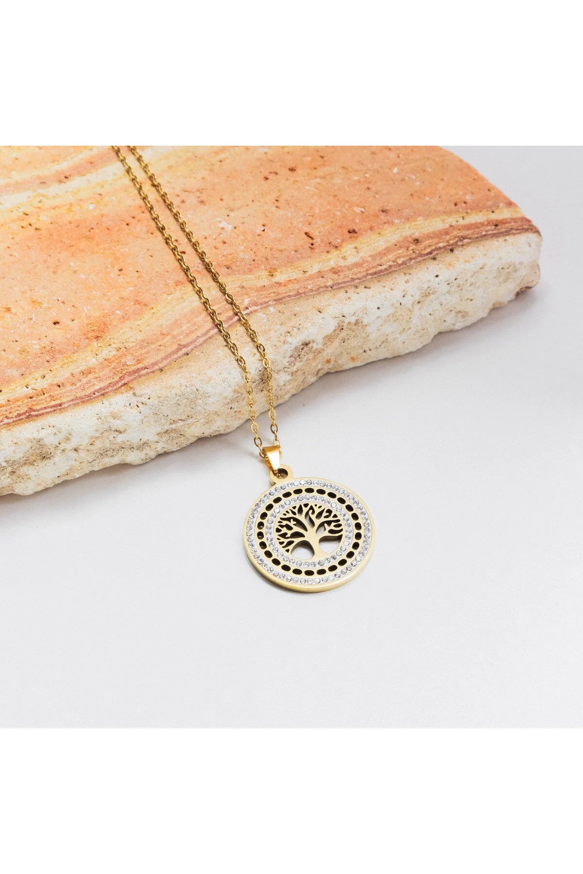 Çelik Taşlı Hayat Ağacı Spiritüel Kolye Kararmaz
