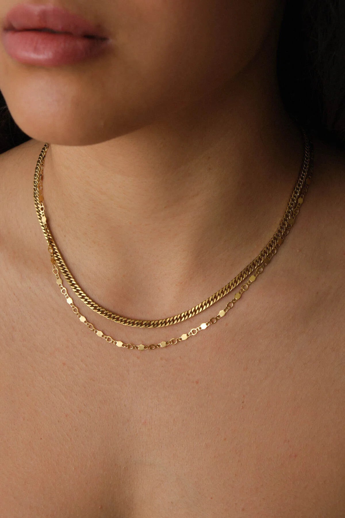 Çelik 2'li Kombin Almak Gurmet ve Kalpli Altıgen Zincir Kolye Minimal Kararmaz 45+5cm