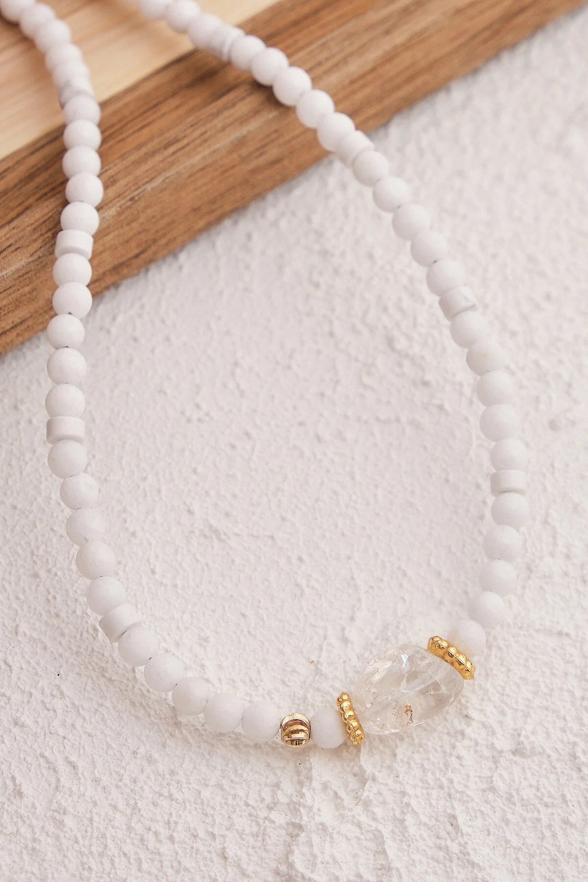 Beyaz Kuvars Doğal Taş Kolye 40cm+5cm El İşi Özel Yapım Gerçek Kuvars Taşı