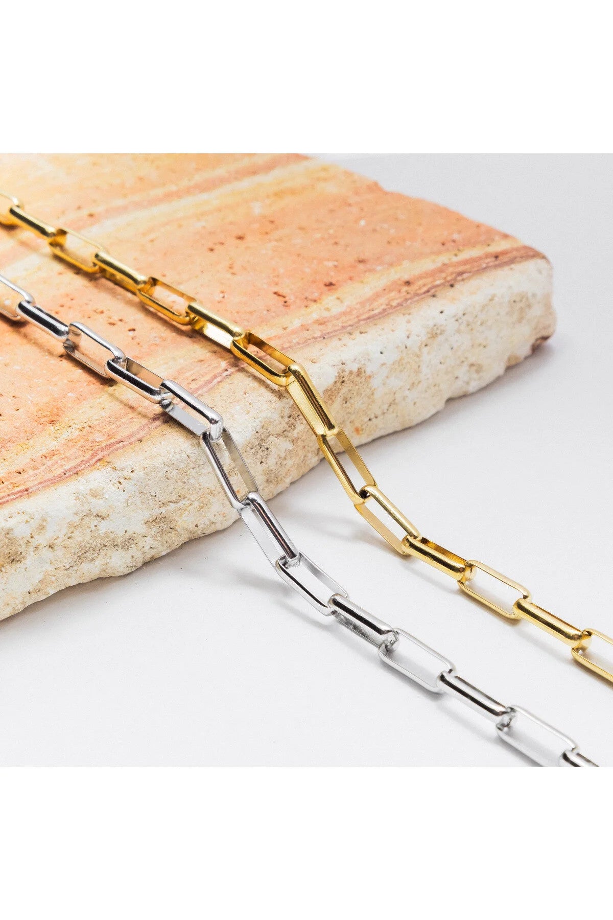 Çelik Dikdörtgen Zincir Kolye Kararmaz Zincir Unisex Gümüş