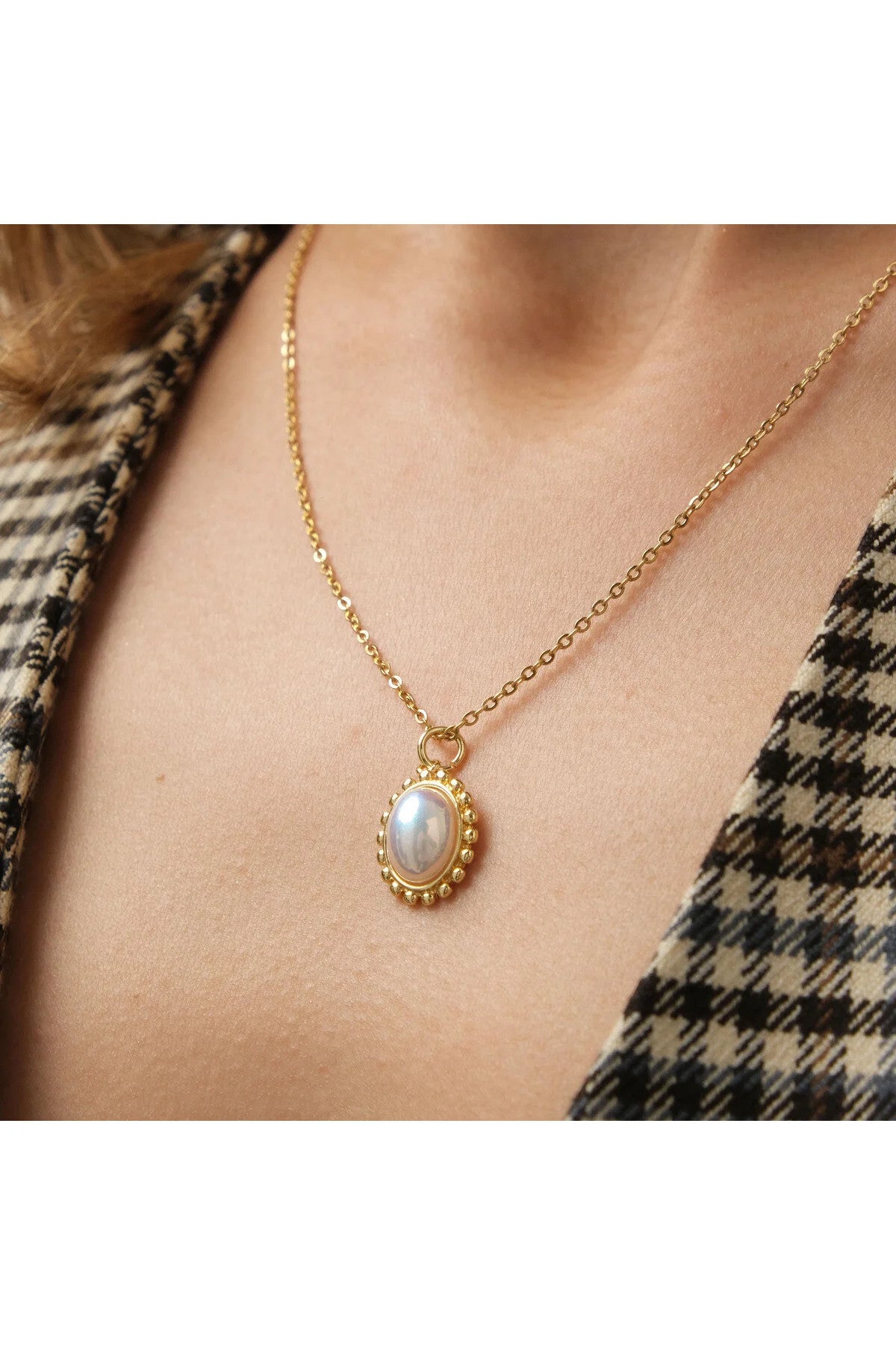 Çelik İnci Taş Kolye Kararmaz Minimal Zarif İnci Kolye